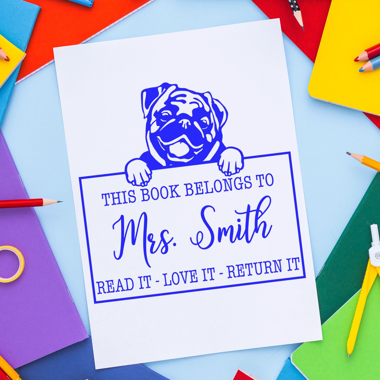 Customizable For Shared Books Stamp with Pug Dog - Engineer Seal Stamps