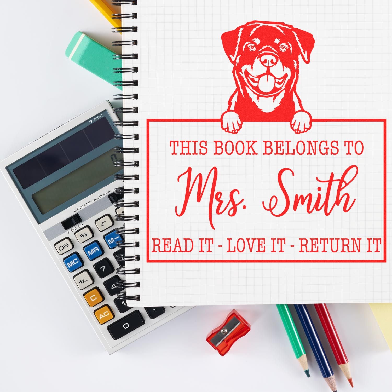 Customizable Classroom Reading Tools Stamp with Rottweiler Dog - Engineer Seal Stamps