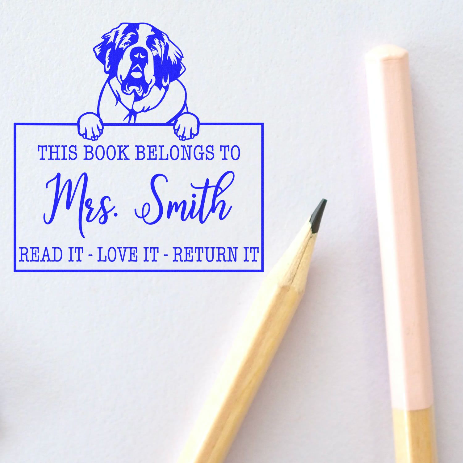Customizable Book Ownership Tool Stamp with Saint Bernard Dog - Engineer Seal Stamps