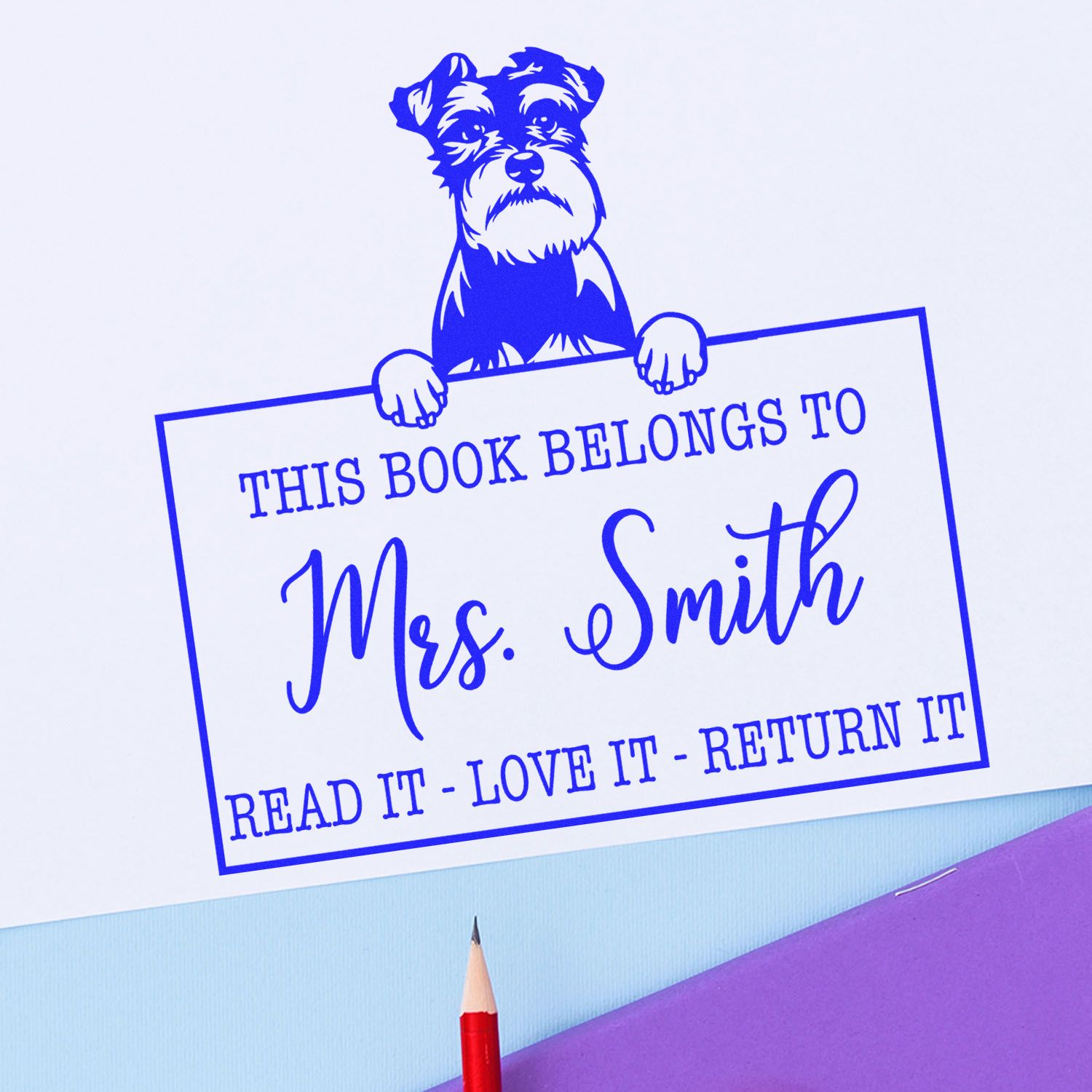 Customizable Book Lending Tool Stamp with Schnauzer Dog - Engineer Seal Stamps
