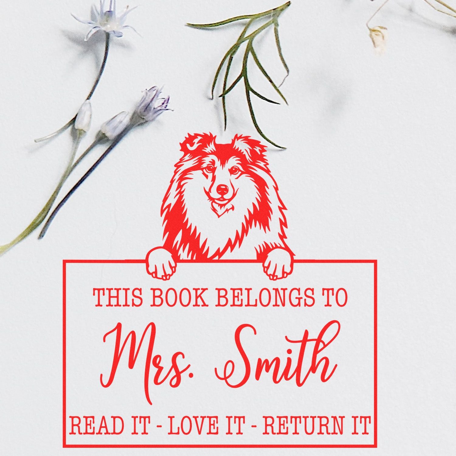 Customizable Book Personalization Tool Stamp with Shetland Sheepdog - Engineer Seal Stamps