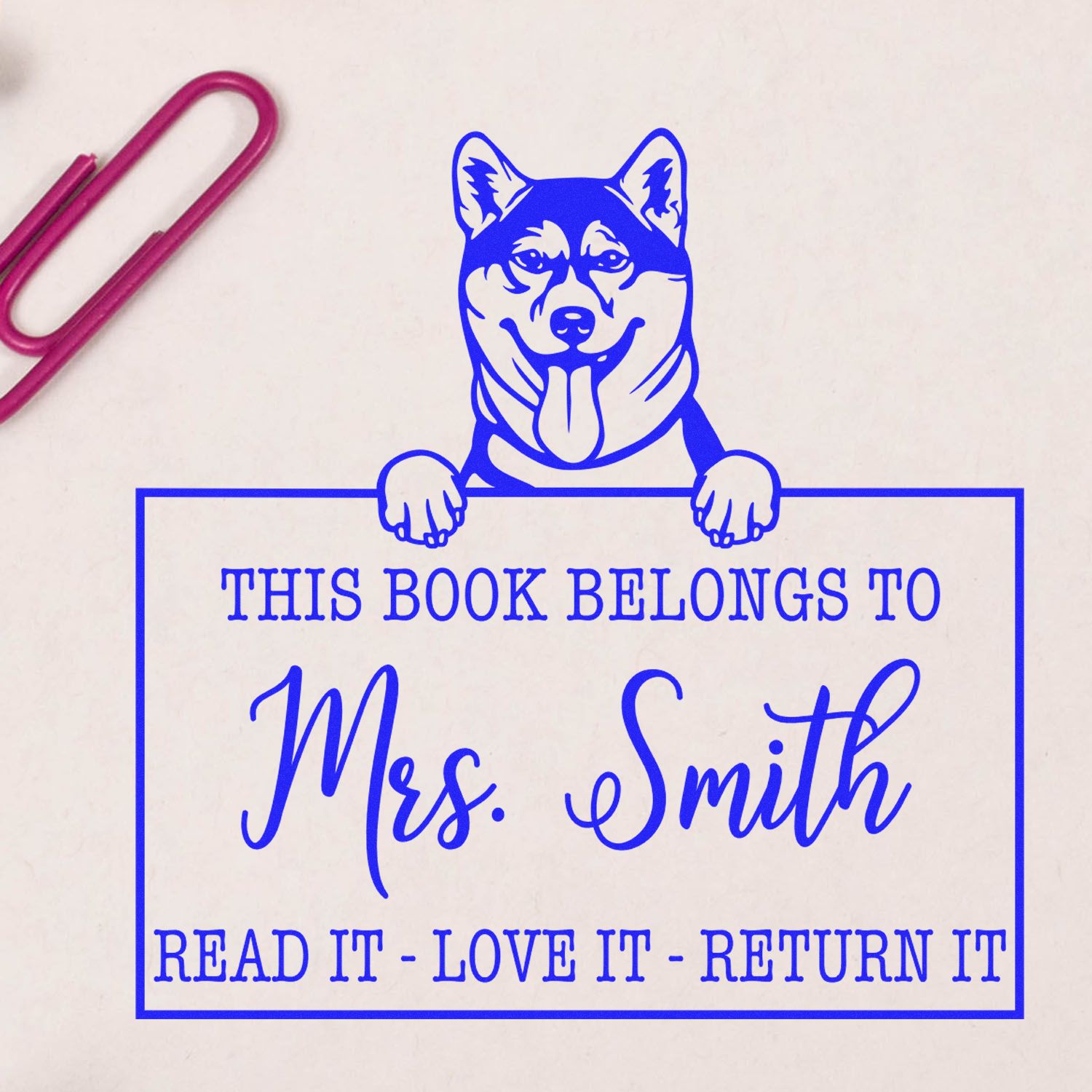 Customizable Return Library Book Stamp with Shiba Inu Dog - Engineer Seal Stamps