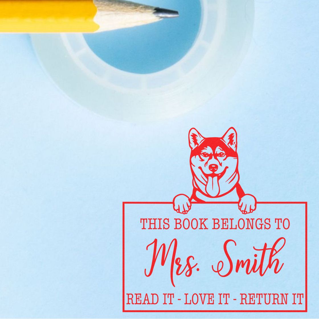 Customizable Return Library Book Stamp with Shiba Inu Dog - Engineer Seal Stamps