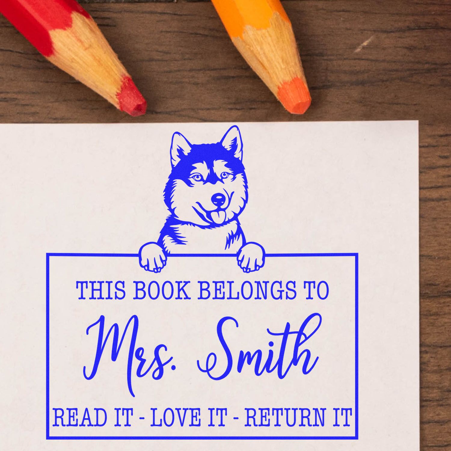 Customizable From The Desk Of Teacher Stamp with Siberian Husky - Engineer Seal Stamps