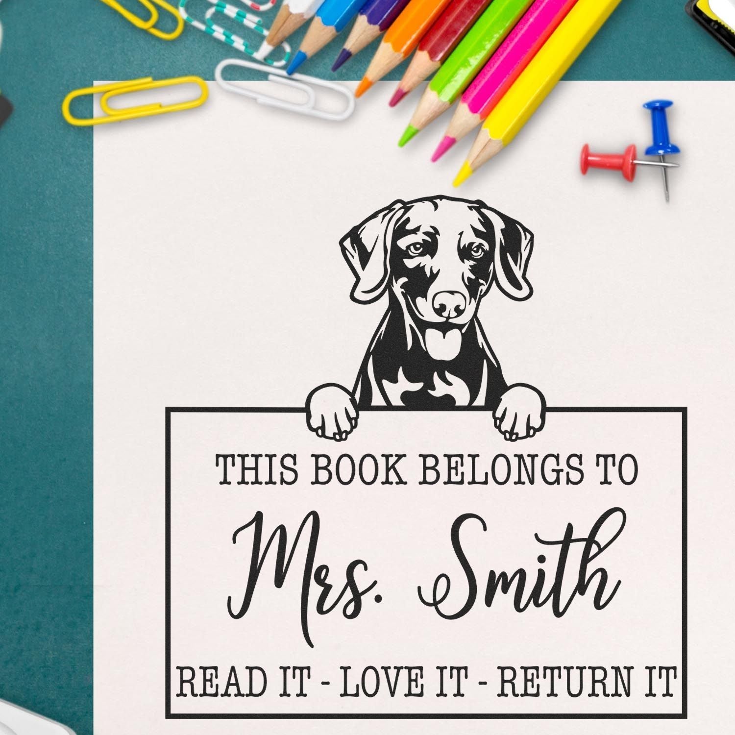 Customizable Return It Book Stamp with Weimaraner Dog - Engineer Seal Stamps