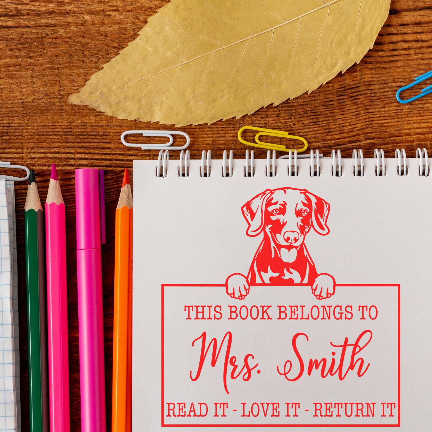 Customizable Teacher Library Tool Stamp with Weimaraner - Engineer Seal Stamps