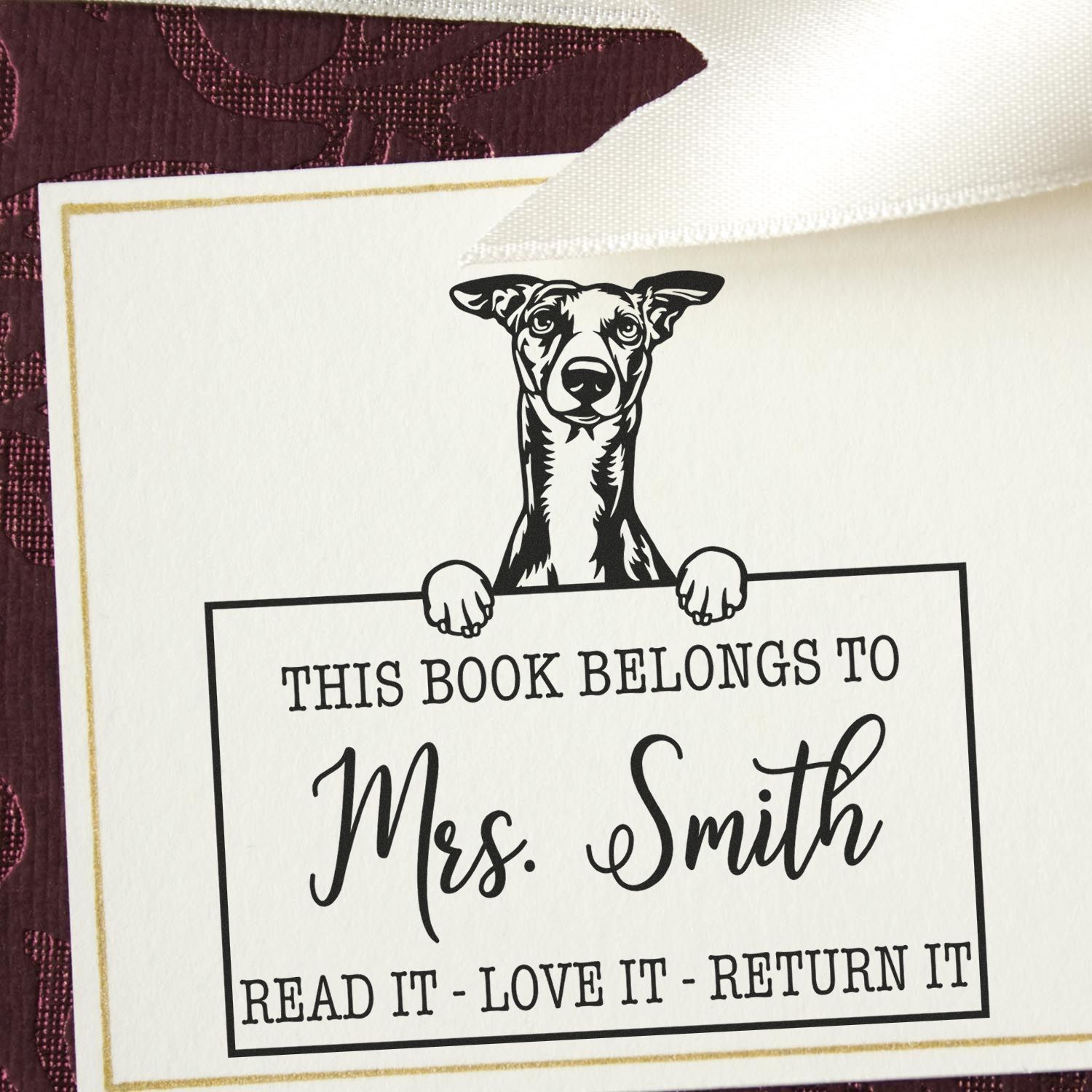 Customizable Teacher Library Stamp with Whippet - Engineer Seal Stamps