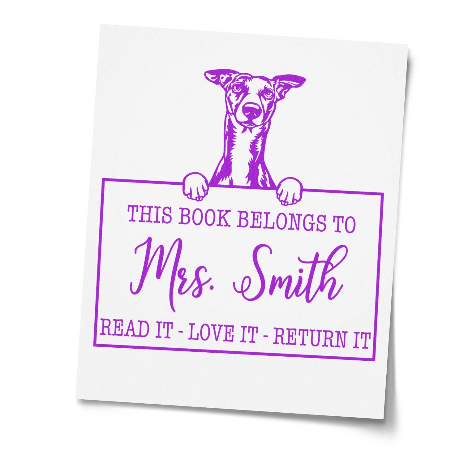 Customizable Teacher Library Stamp with Whippet - Engineer Seal Stamps