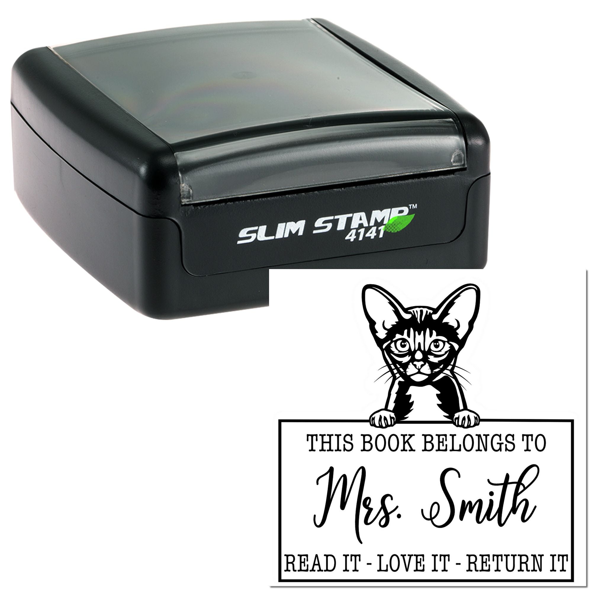 Custom Teacher Library Personalization Stamp with Abyssinian Cat - Engineer Seal Stamps