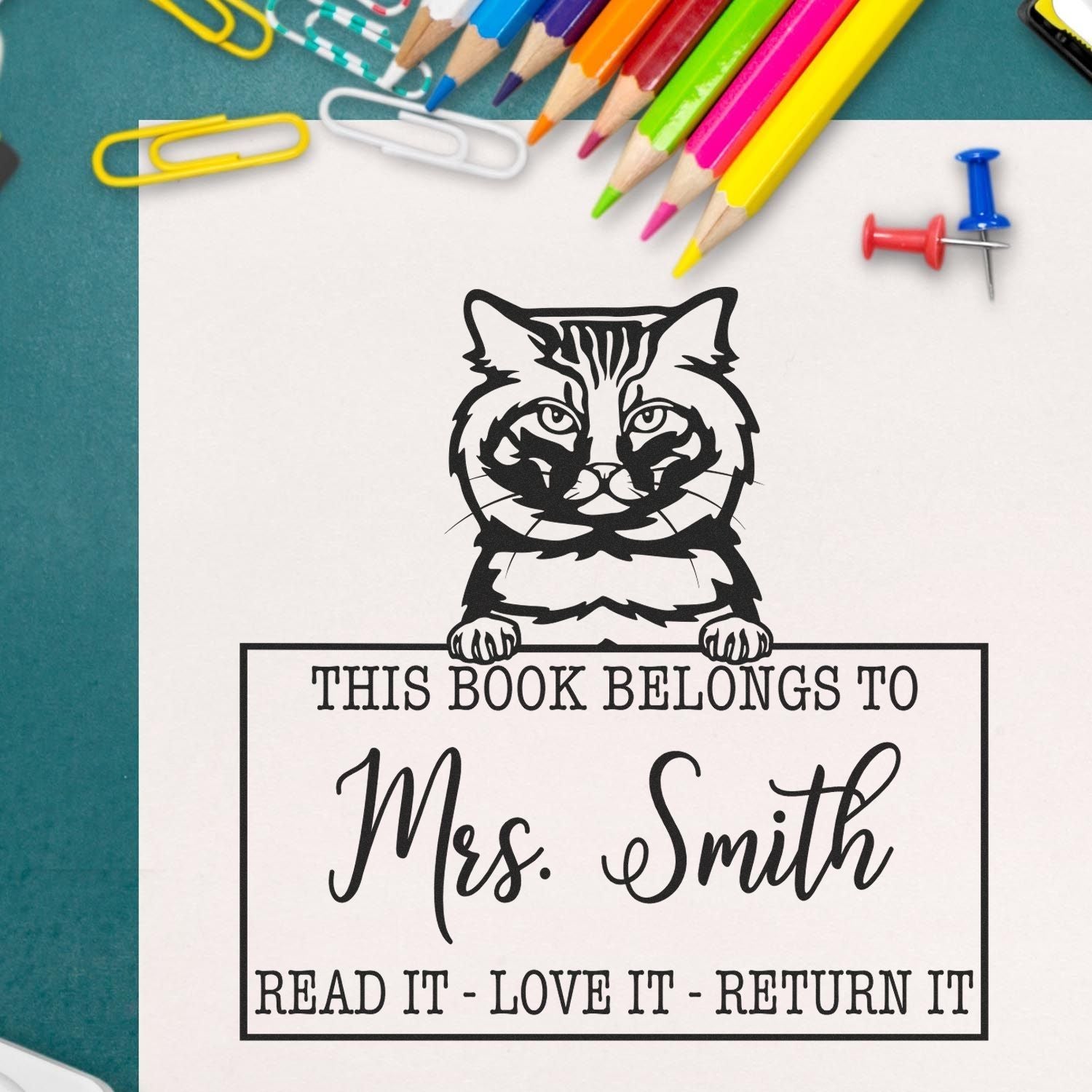 Custom Classroom Book Ownership Stamp with American Bobtail Cat - Engineer Seal Stamps
