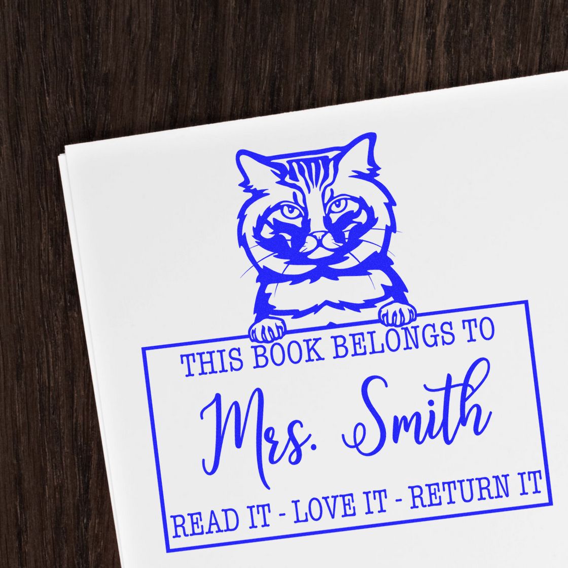 Custom Classroom Book Ownership Stamp with American Bobtail Cat - Engineer Seal Stamps