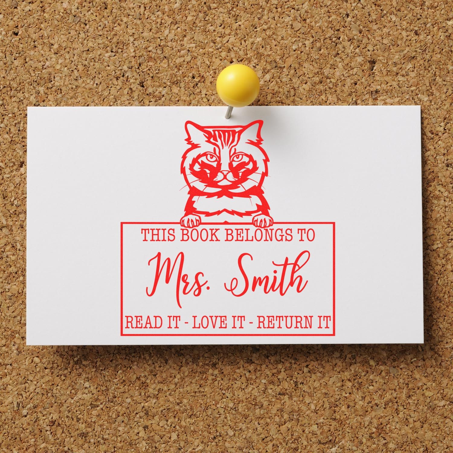 Custom Classroom Book Ownership Stamp with American Bobtail Cat - Engineer Seal Stamps