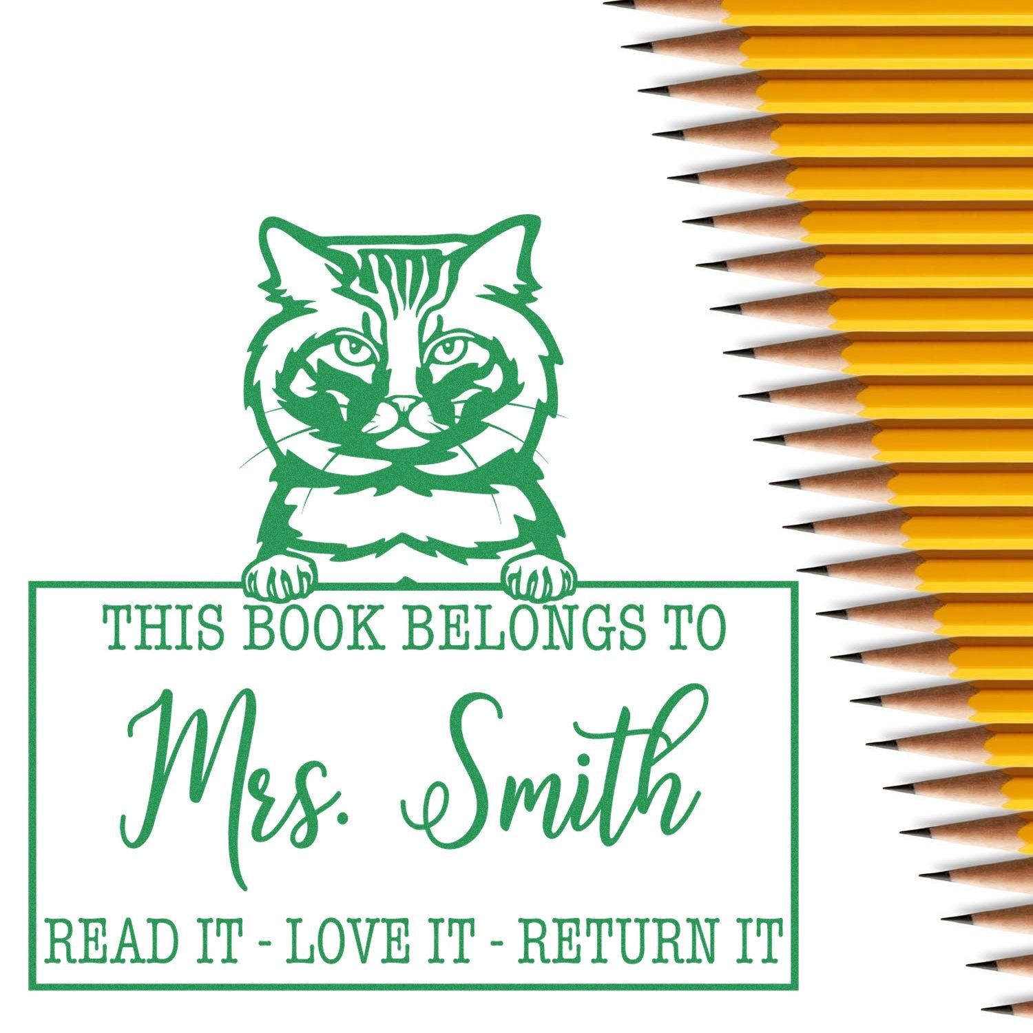Custom Classroom Book Ownership Stamp with American Bobtail Cat - Engineer Seal Stamps