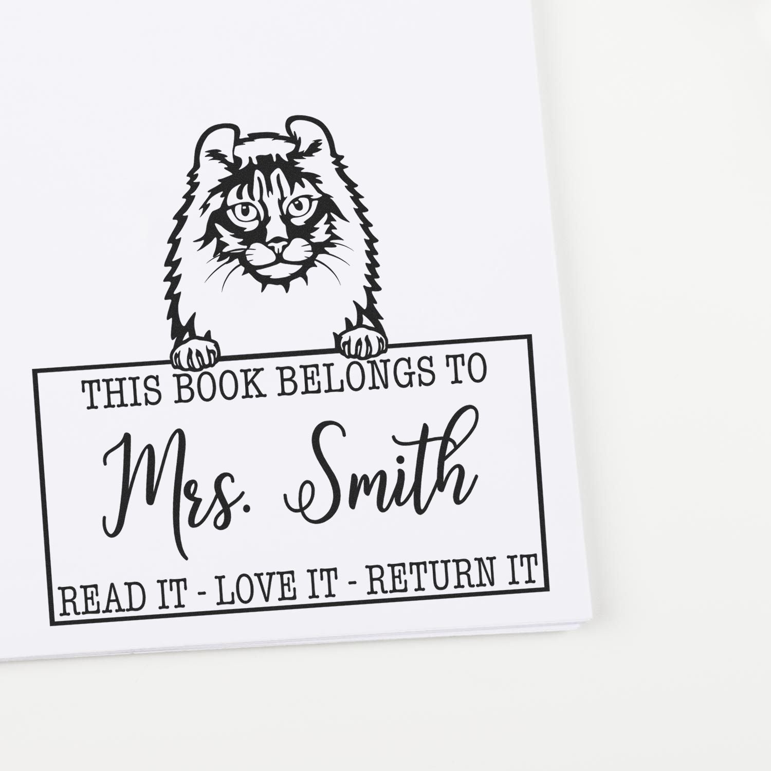 Custom Name For Library Books Stamp with American Curl Cat - Engineer Seal Stamps