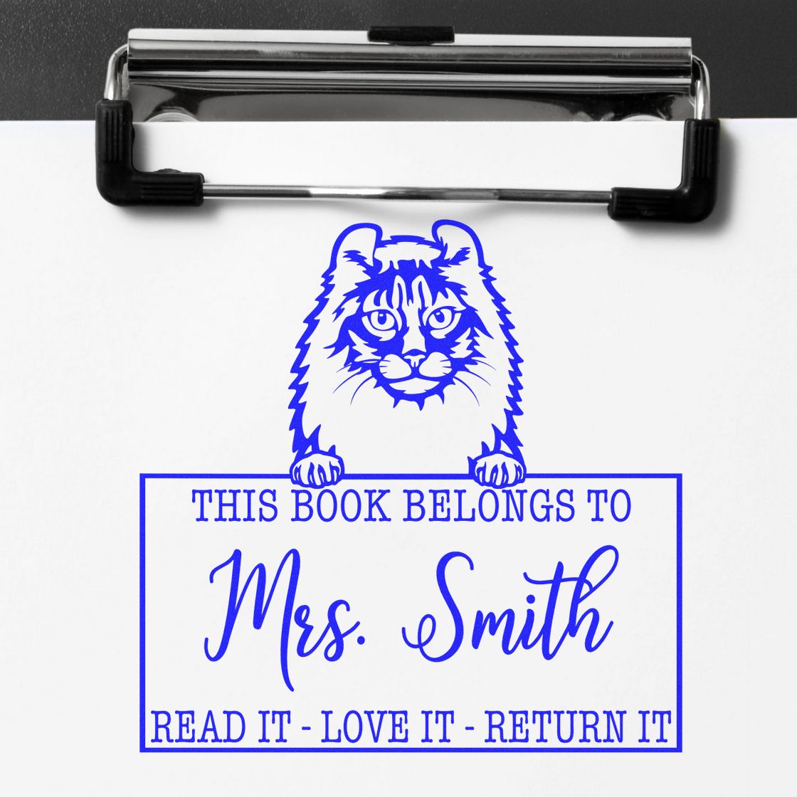 Custom Name For Library Books Stamp with American Curl Cat - Engineer Seal Stamps