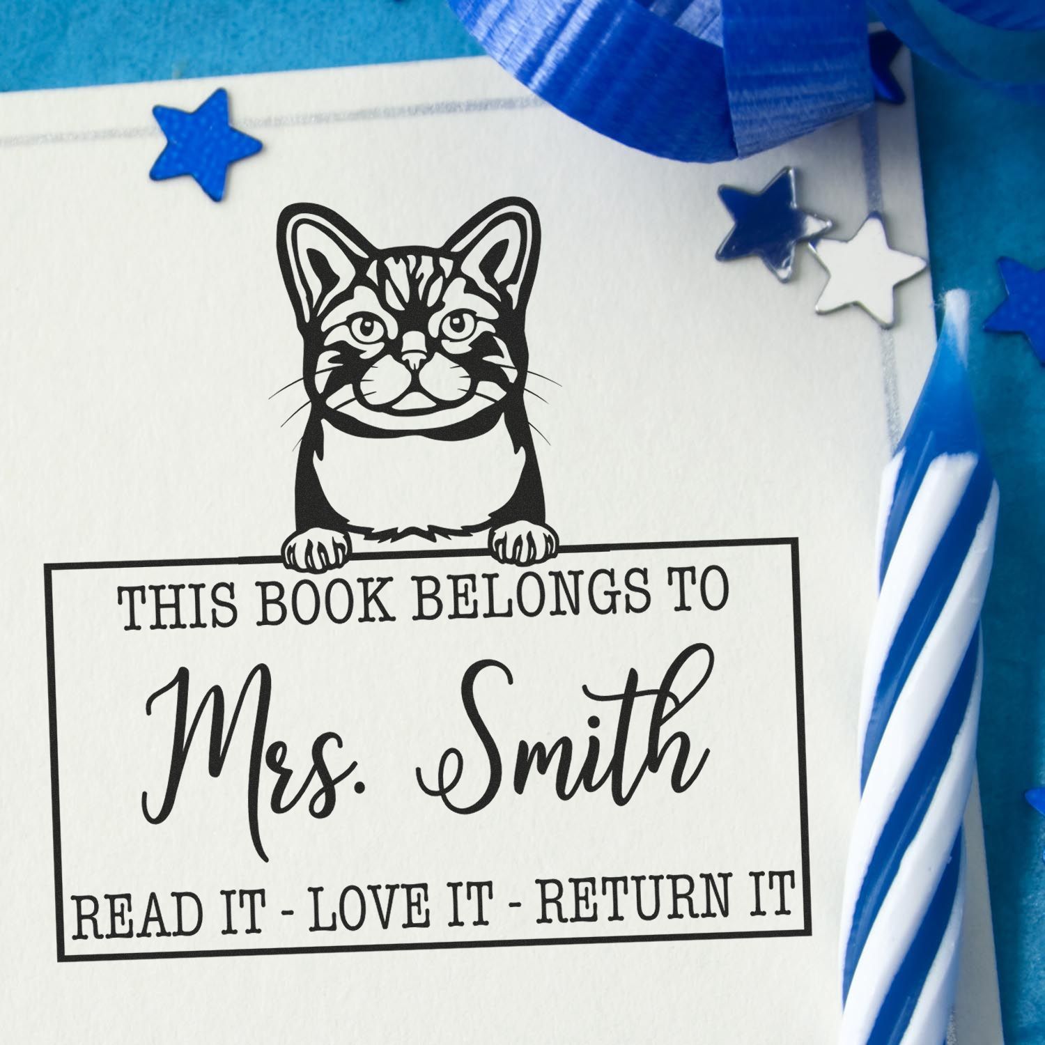 Custom Borrowed Book Stamp with American Wirehair Cat - Engineer Seal Stamps