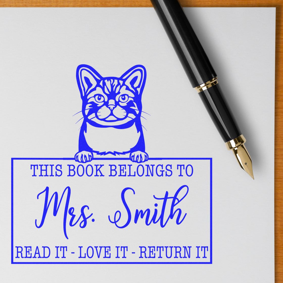 Custom Borrowed Book Stamp with American Wirehair Cat - Engineer Seal Stamps