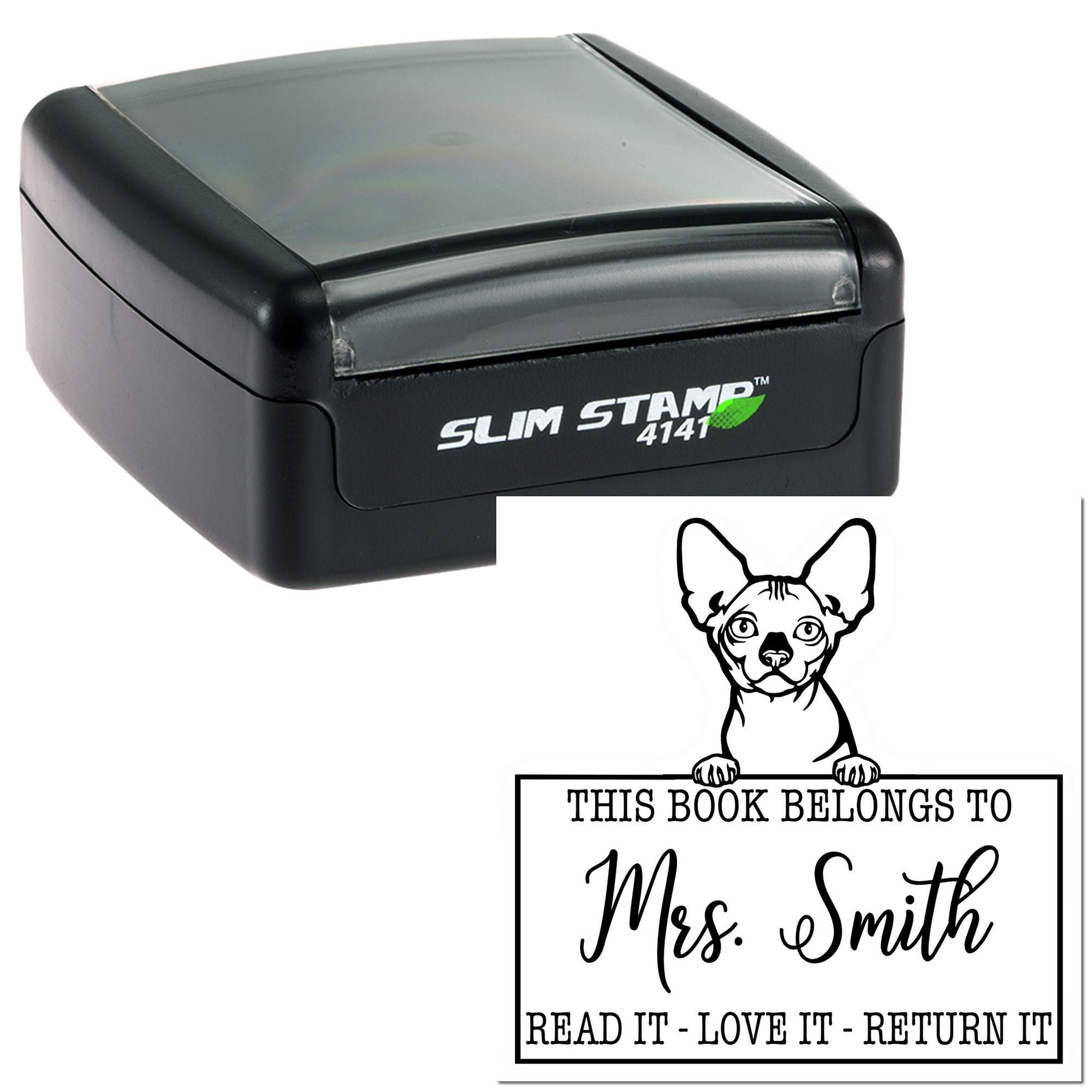 Custom Borrowed Library Book Stamp with Bambino Cat - Engineer Seal Stamps