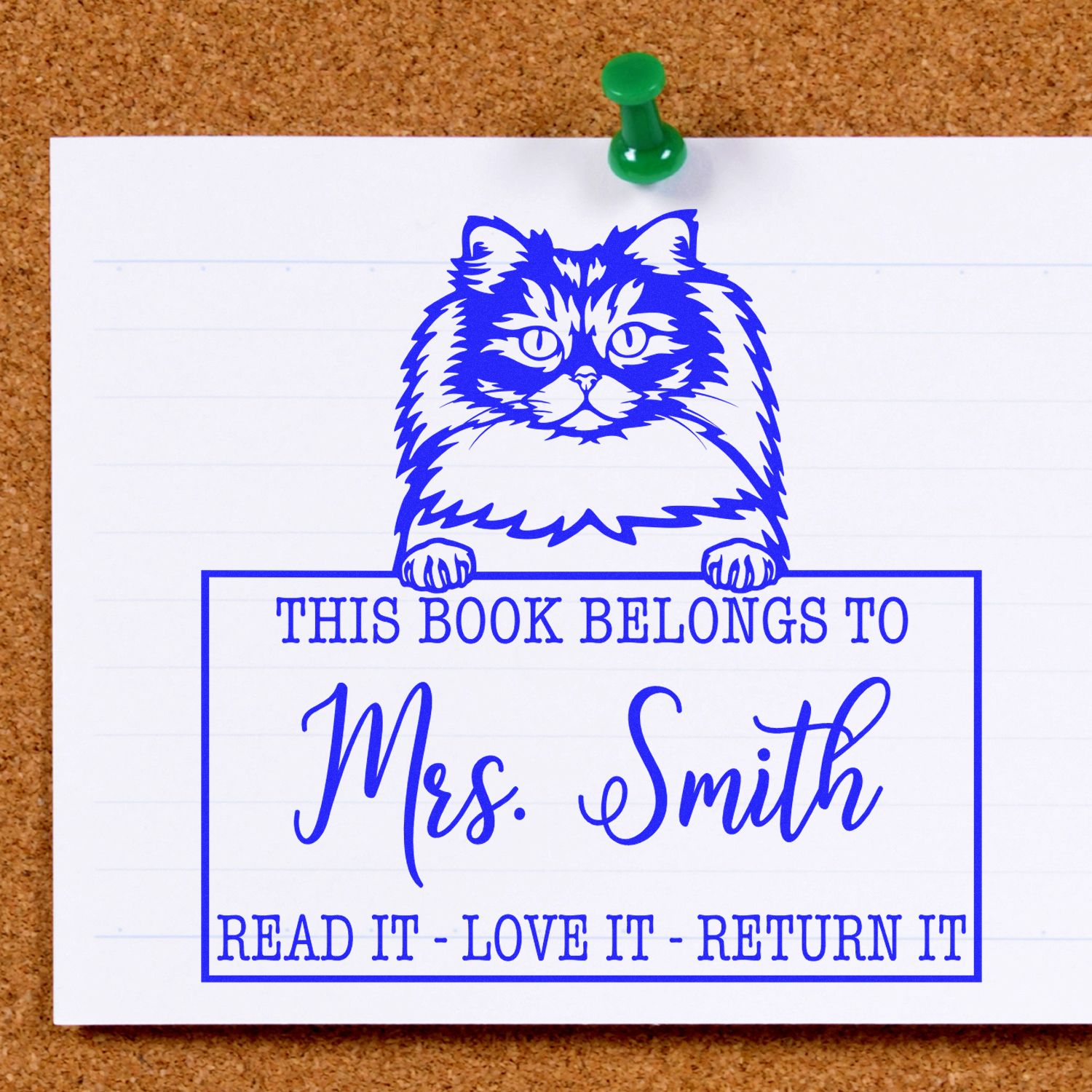 Custom Book Borrower Stamp with British Longhair Cat - Engineer Seal Stamps