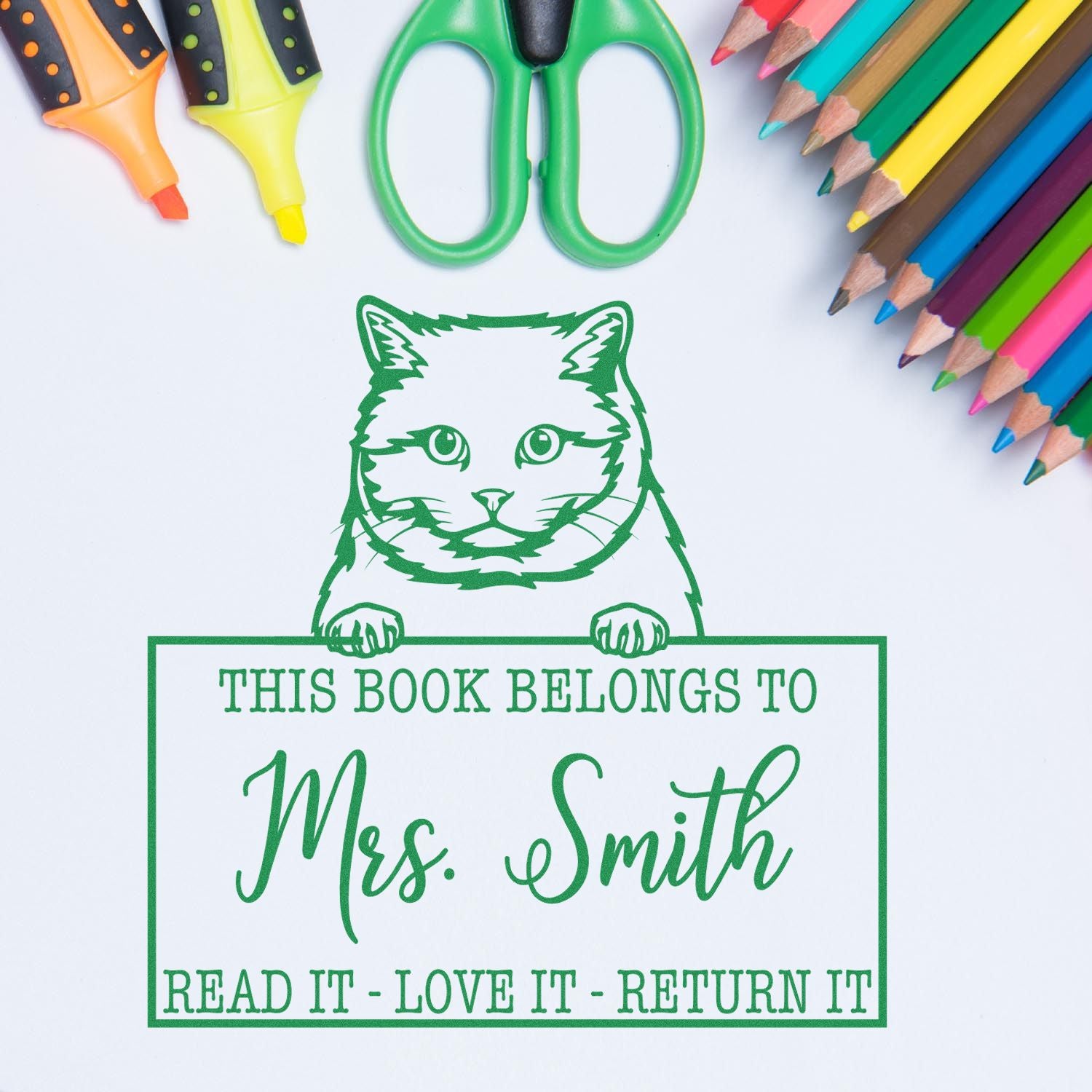 Custom Please Return Borrowed Book Stamp with British Shorthair Cat - Engineer Seal Stamps