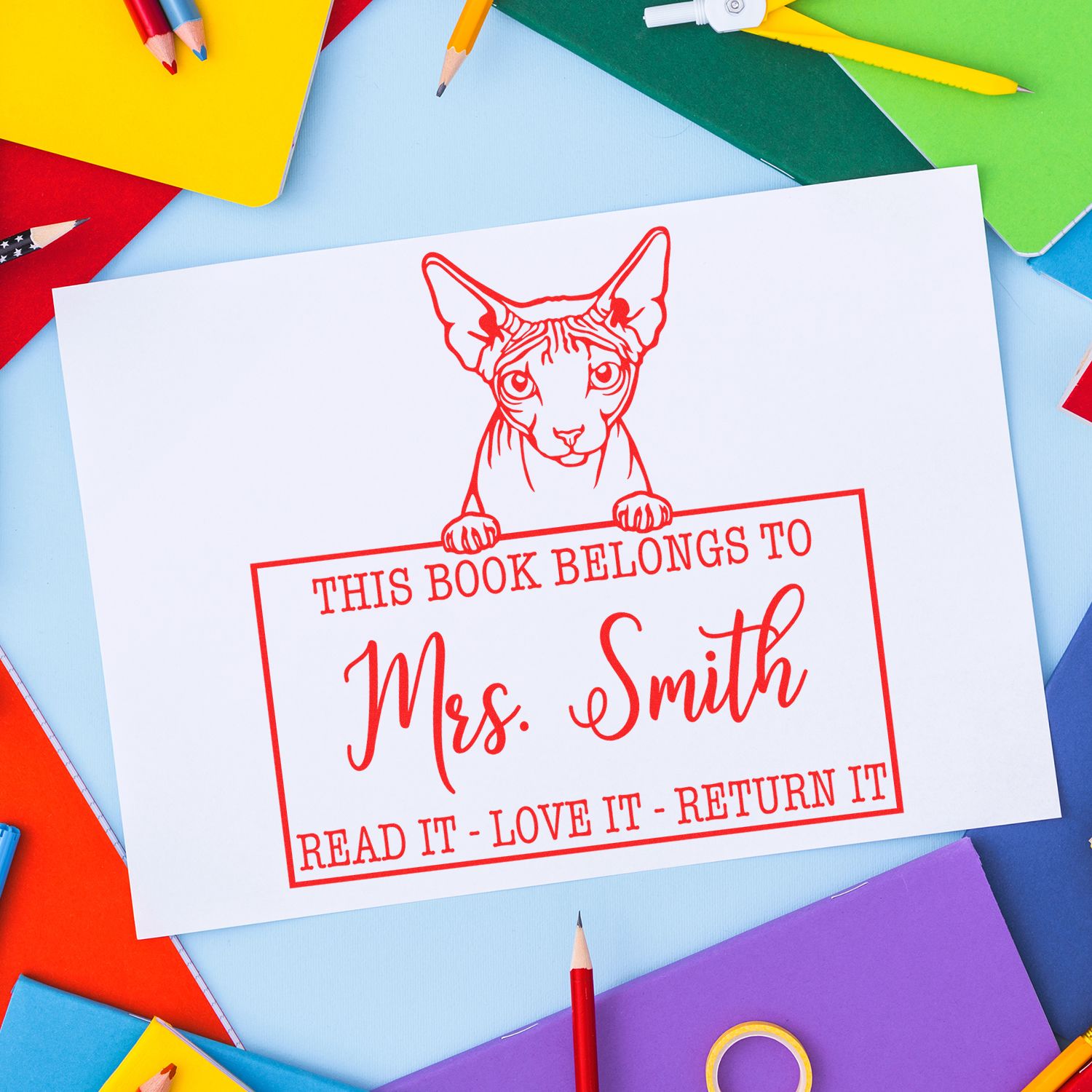 Custom Book Check-Out Stamp with Don Sphynx Cat - Engineer Seal Stamps