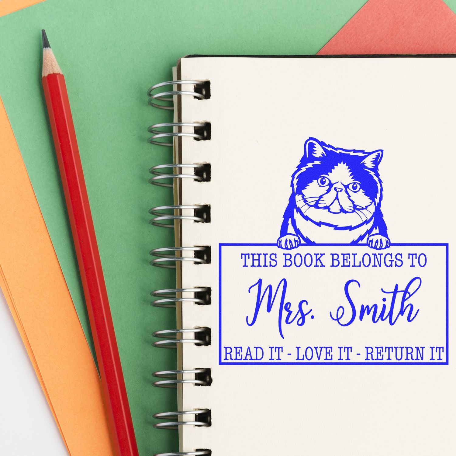 Custom Teacher's Book Reminder Stamp with Exotic Shorthair Cat - Engineer Seal Stamps