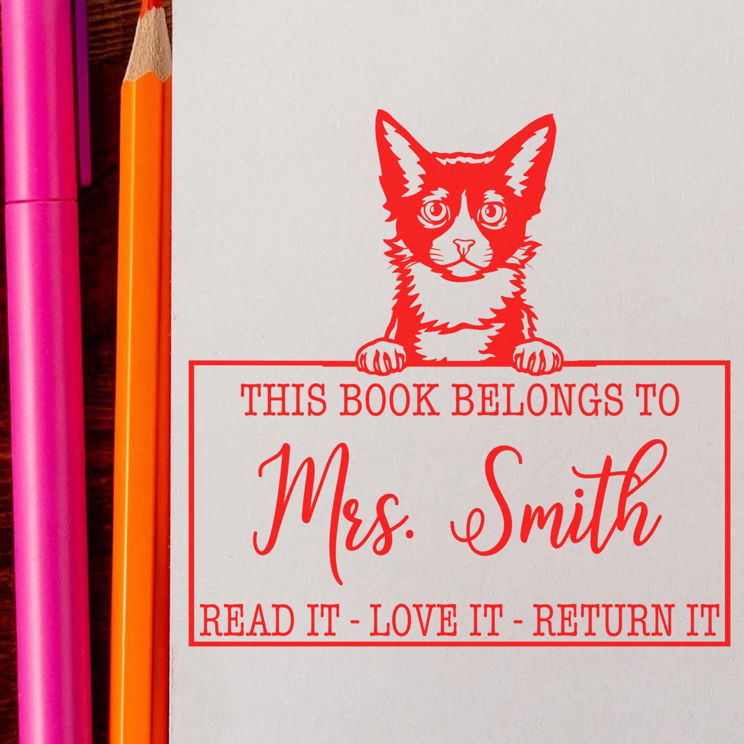 Laperm Personalizable Cat Book Belongs Stamp - Engineer Seal Stamps