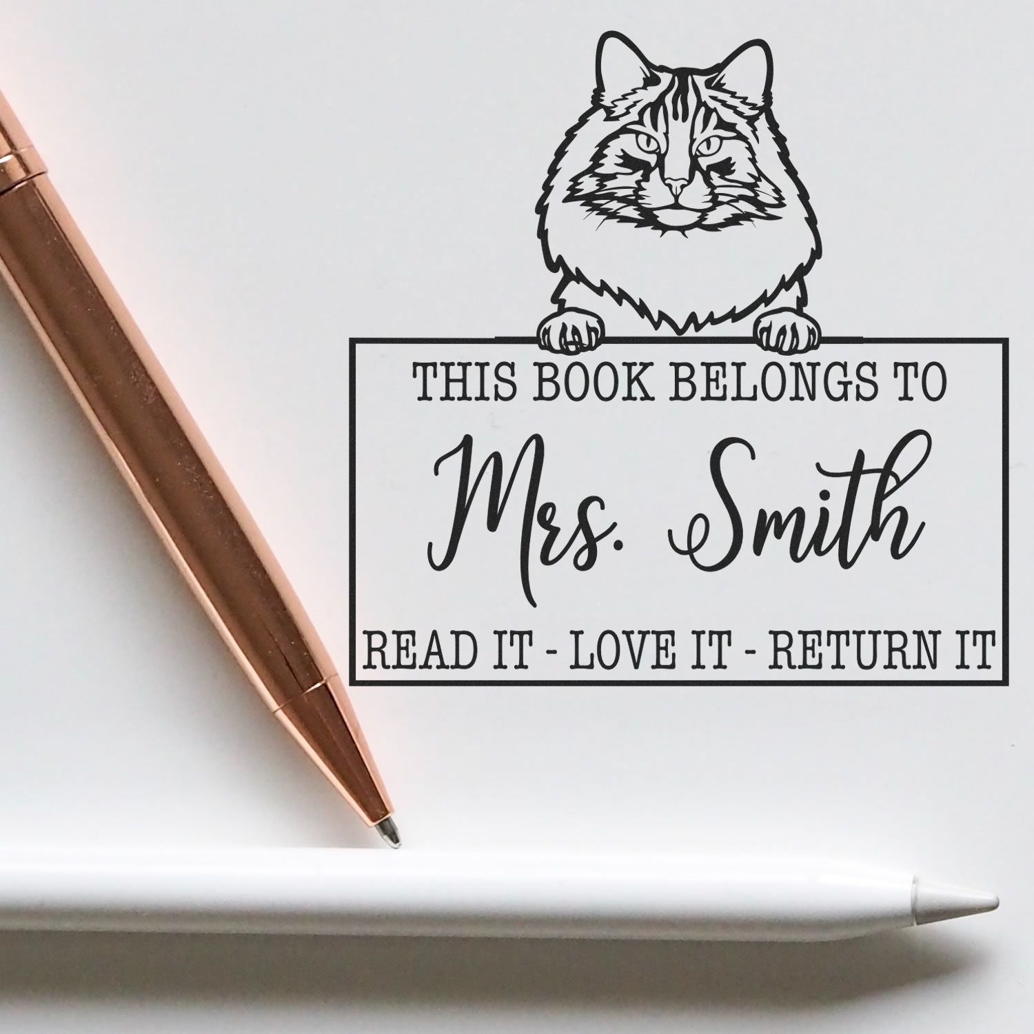 Custom Book Borrowing Rules Stamp with Norwegian Forest Cat - Engineer Seal Stamps