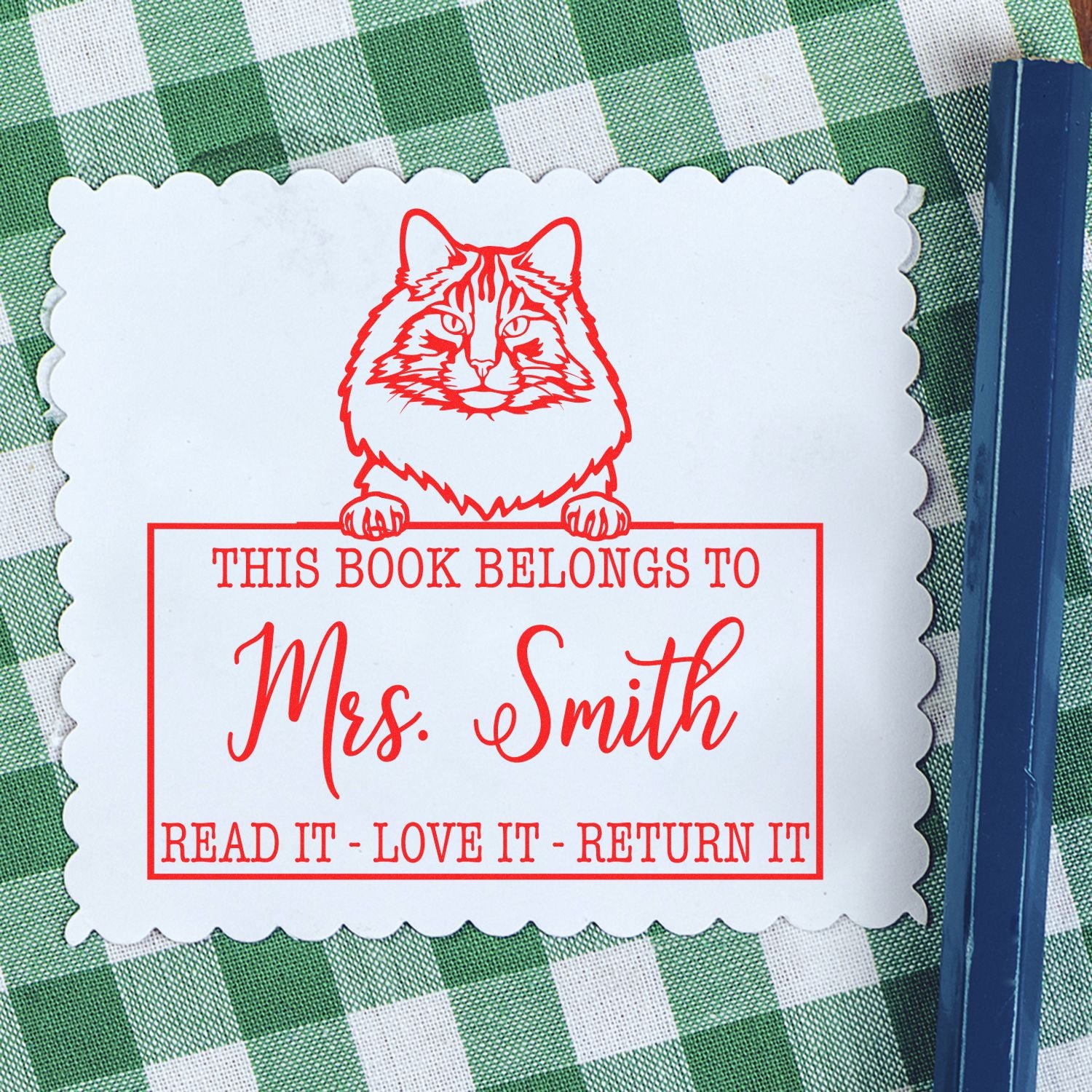 Custom Book Borrowing Rules Stamp with Norwegian Forest Cat - Engineer Seal Stamps