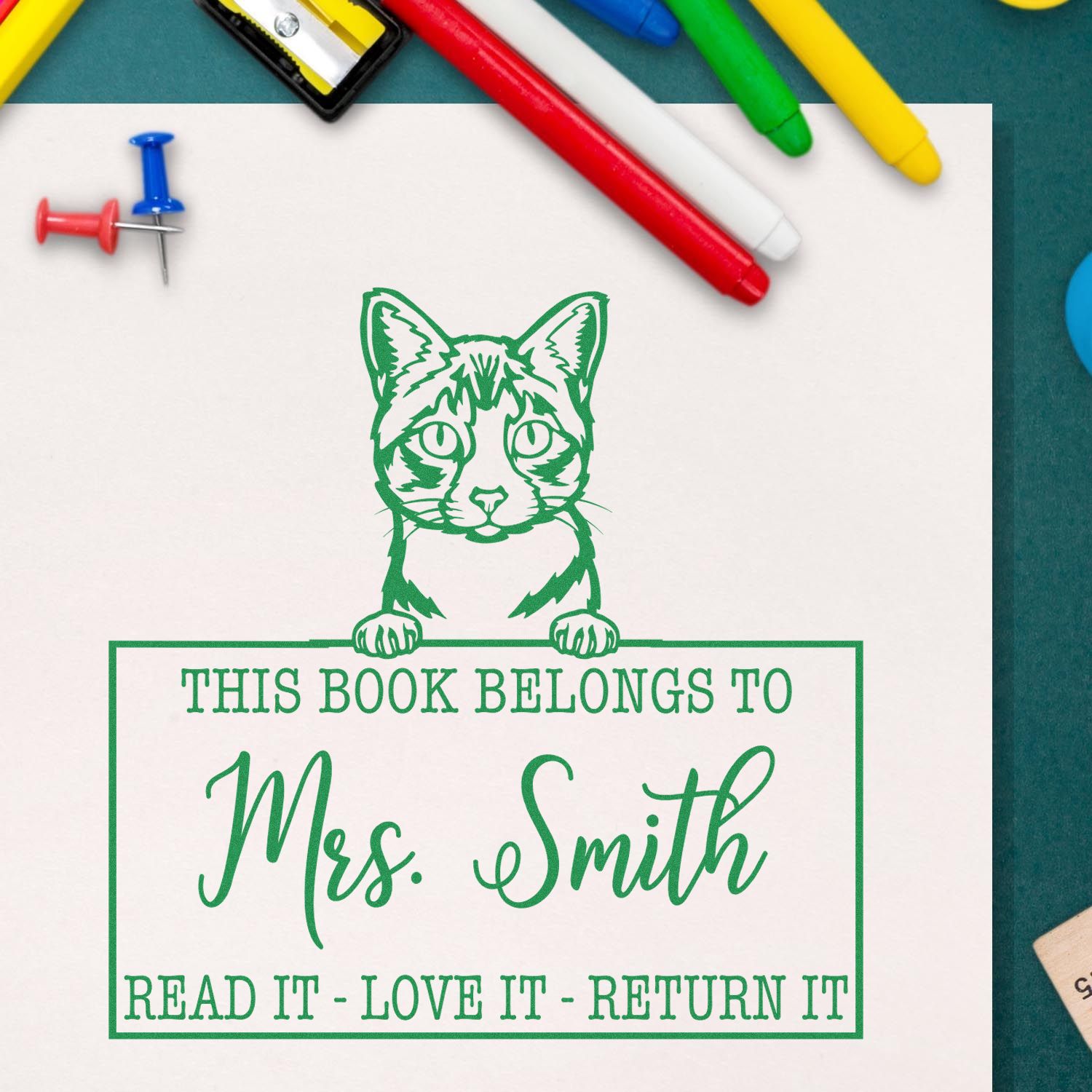 Custom Classroom Reading Tools Stamp with Ojos Azules Cat - Engineer Seal Stamps