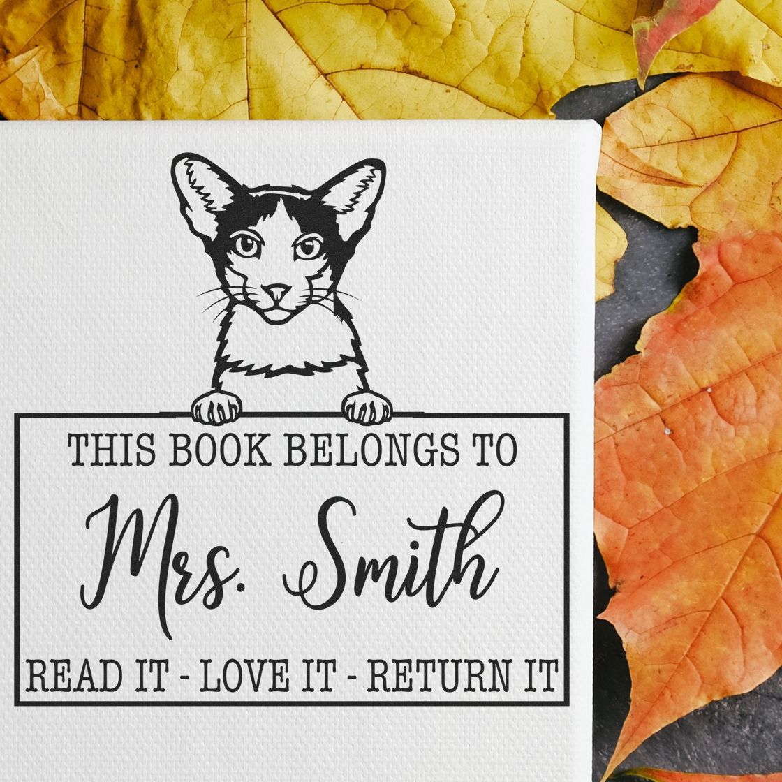 Custom Teacher Library Ownership Stamp with Oriental Bicolor Cat - Engineer Seal Stamps