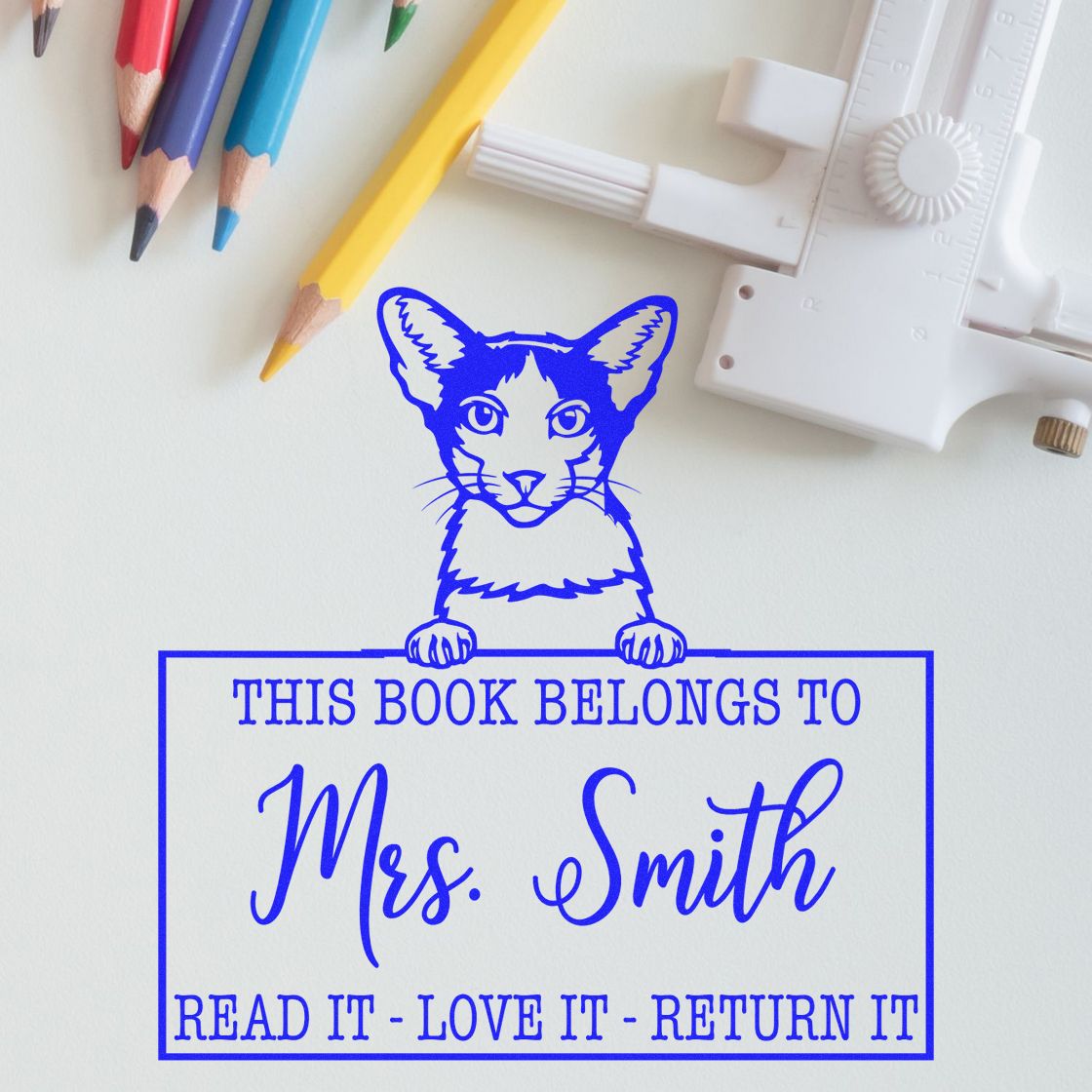 Custom Teacher Library Ownership Stamp with Oriental Bicolor Cat - Engineer Seal Stamps