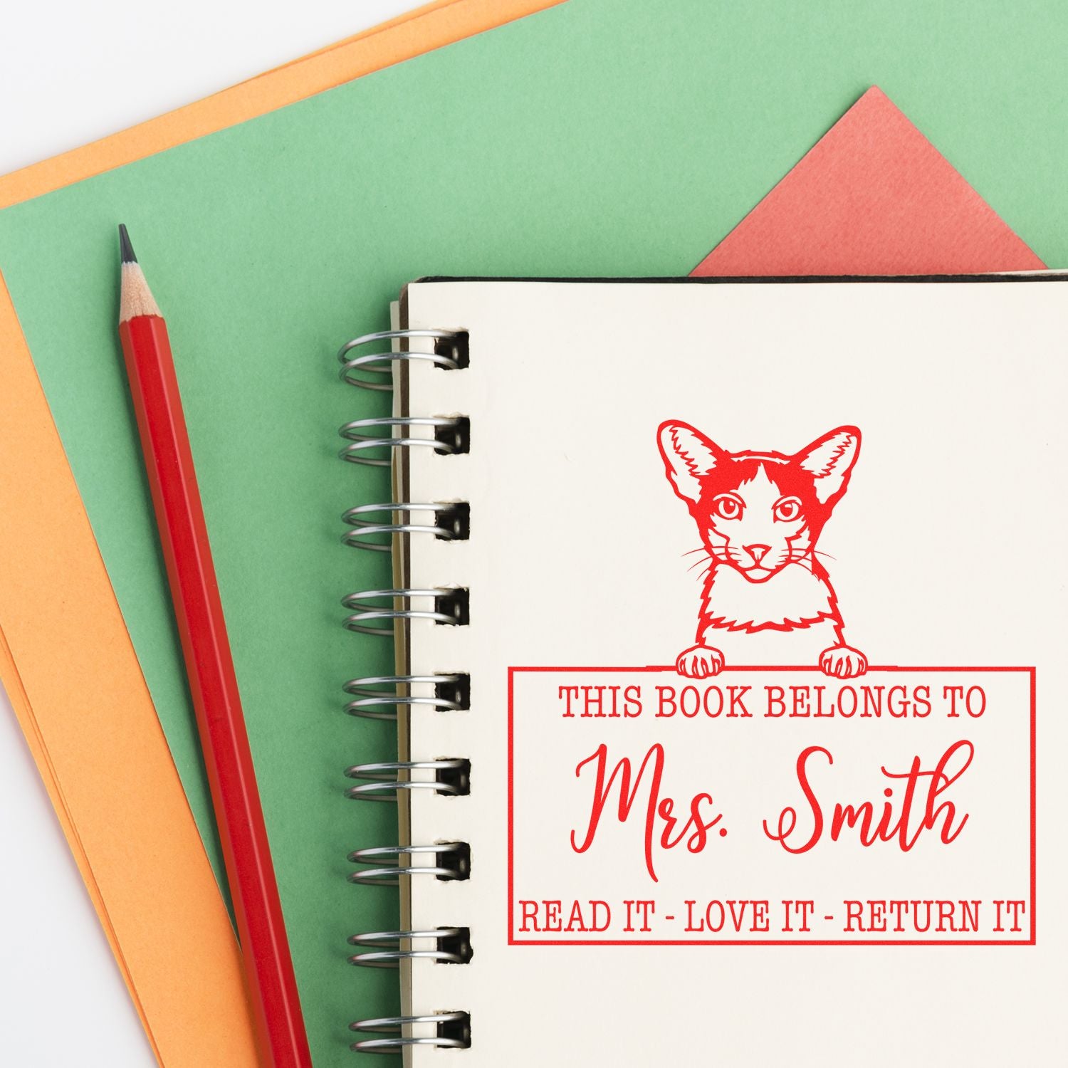 Custom Teacher Library Ownership Stamp with Oriental Bicolor Cat - Engineer Seal Stamps