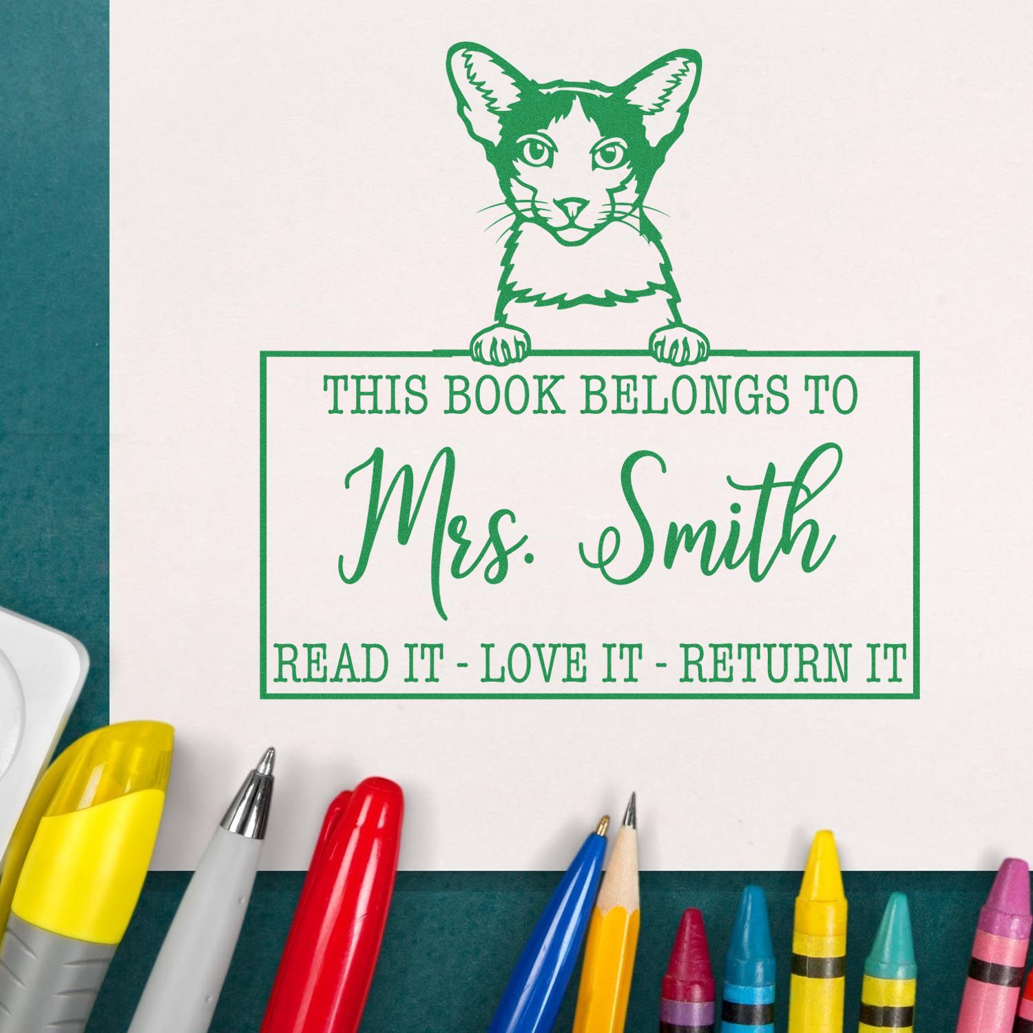 Custom Teacher Library Ownership Stamp with Oriental Bicolor Cat - Engineer Seal Stamps