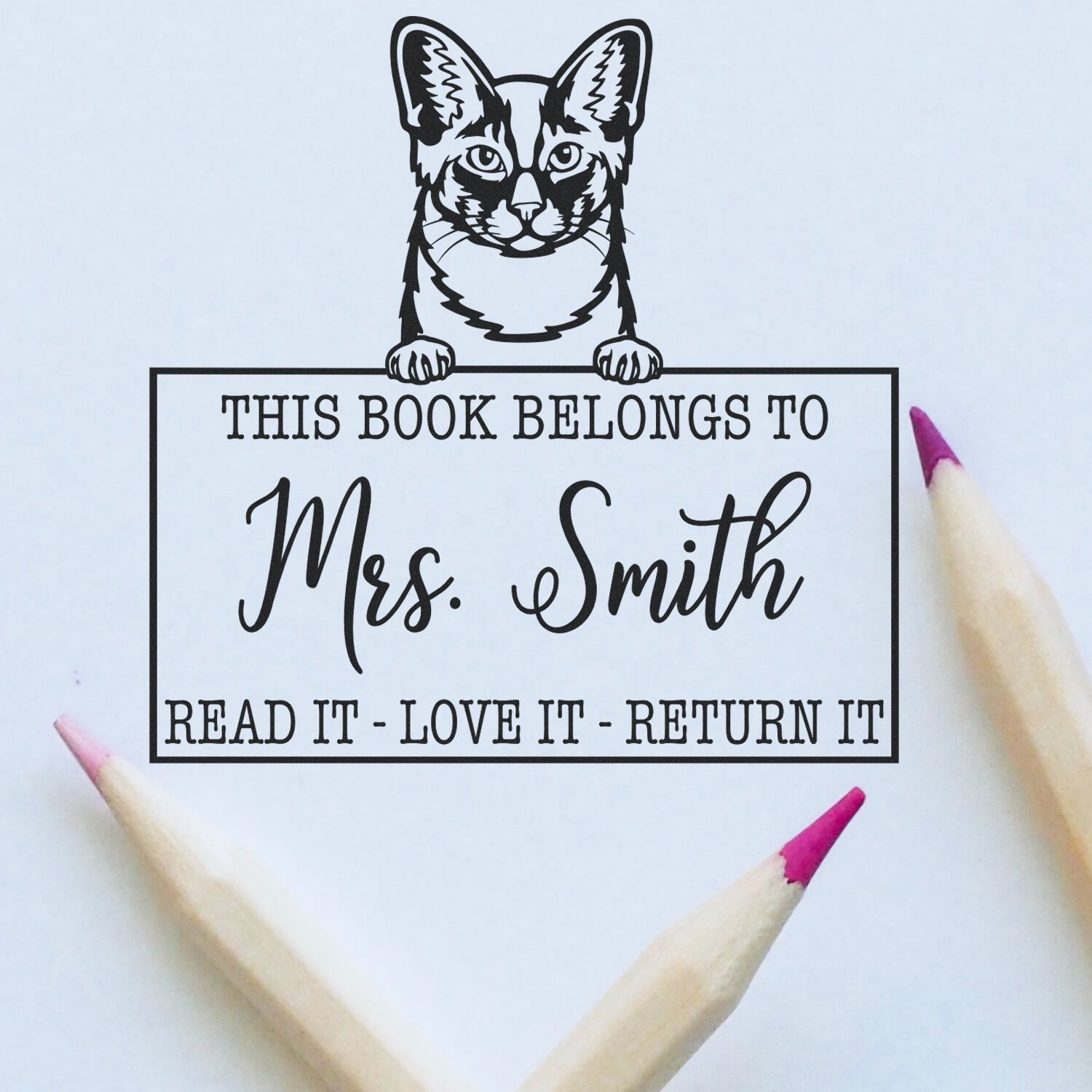 Custom Book Ownership Tool Stamp with Oriental Longhair Cat - Engineer Seal Stamps