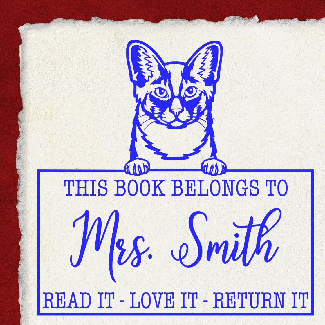 Custom Book Ownership Tool Stamp with Oriental Longhair Cat - Engineer Seal Stamps