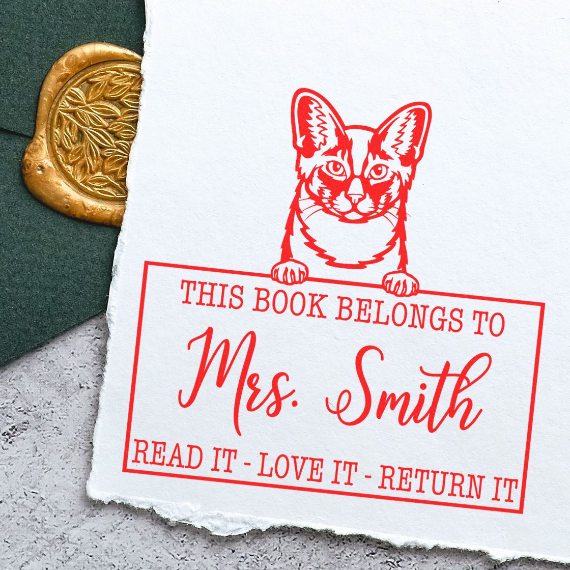 Custom Book Ownership Tool Stamp with Oriental Longhair Cat - Engineer Seal Stamps