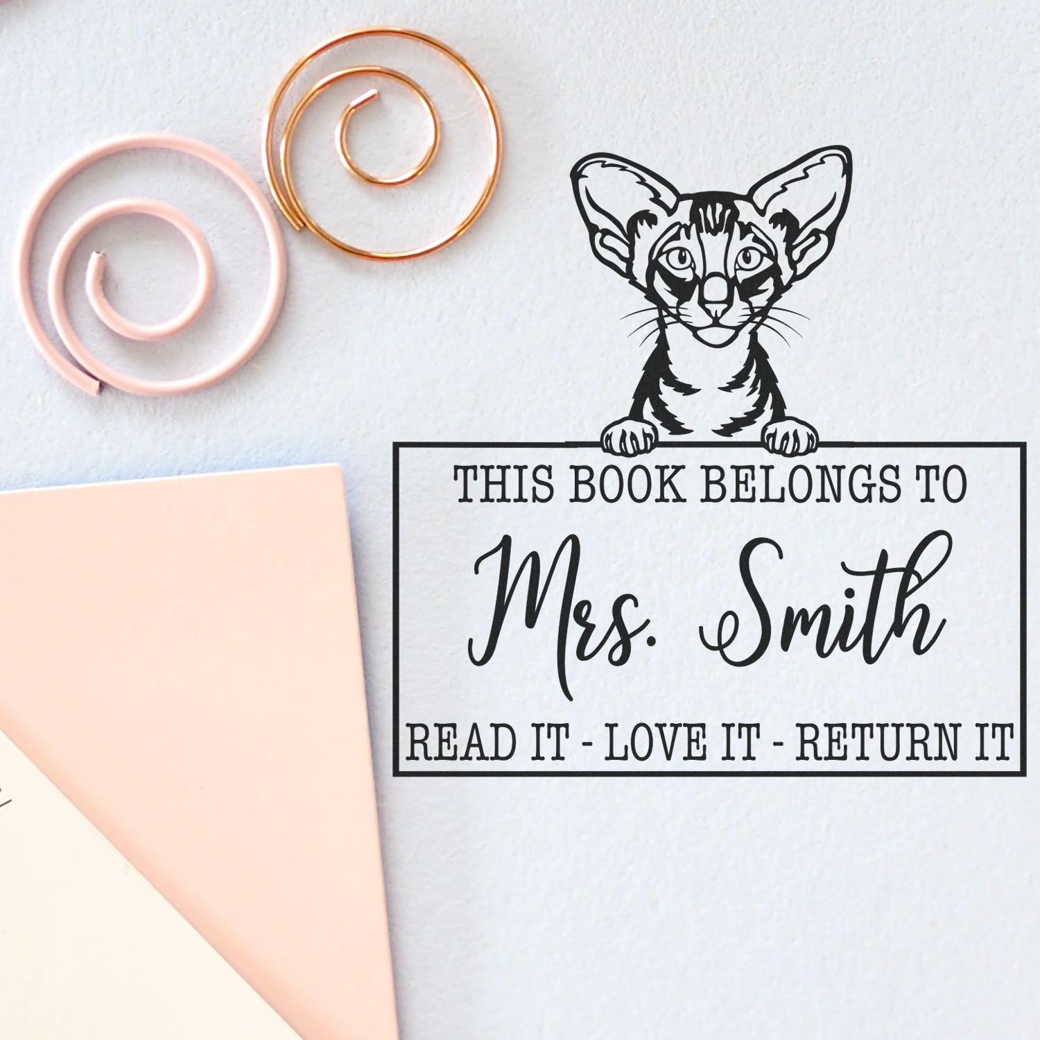 Custom Book Lending Tool Stamp with Oriental Shorthair Cat - Engineer Seal Stamps