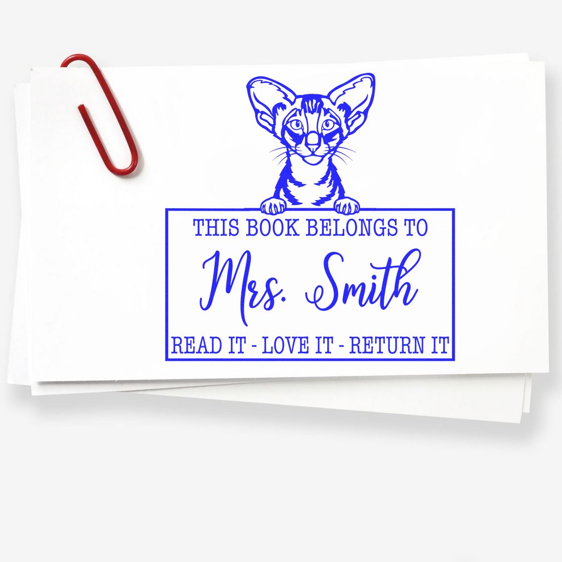 Custom Book Lending Tool Stamp with Oriental Shorthair Cat - Engineer Seal Stamps