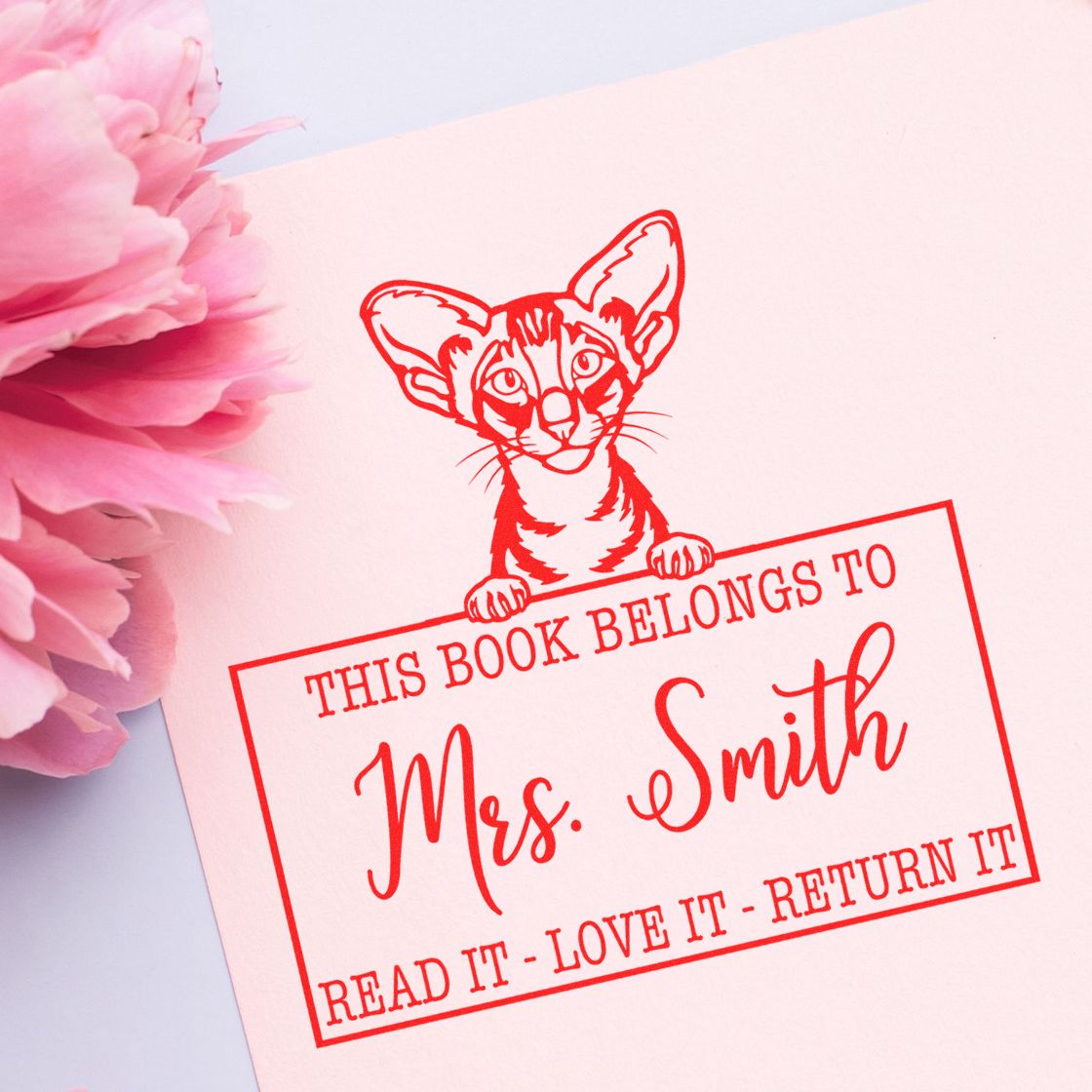Custom Book Lending Tool Stamp with Oriental Shorthair Cat - Engineer Seal Stamps