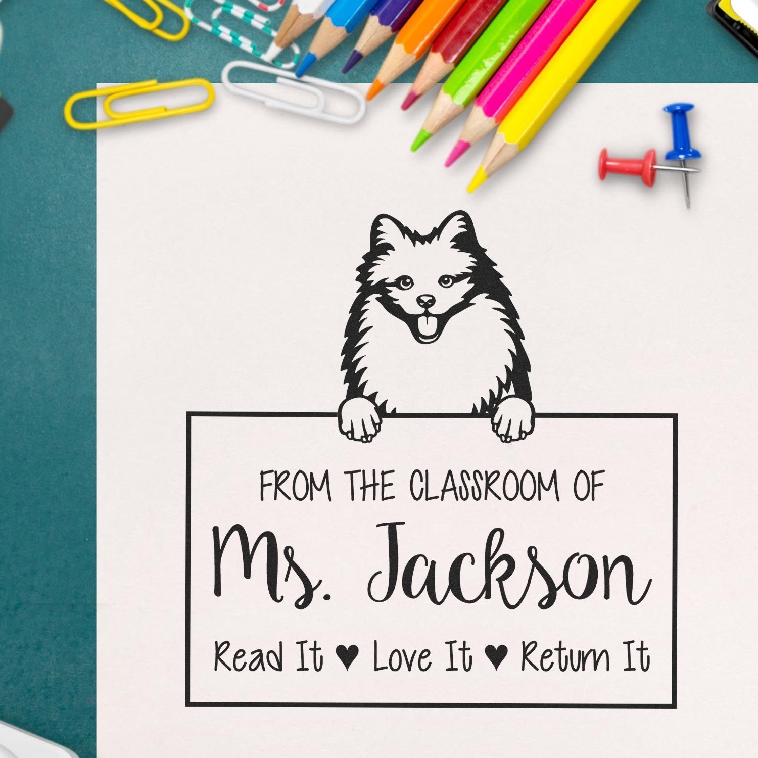 Personalizable Classroom Library Stamp with American Eskimo Dog - Engineer Seal Stamps