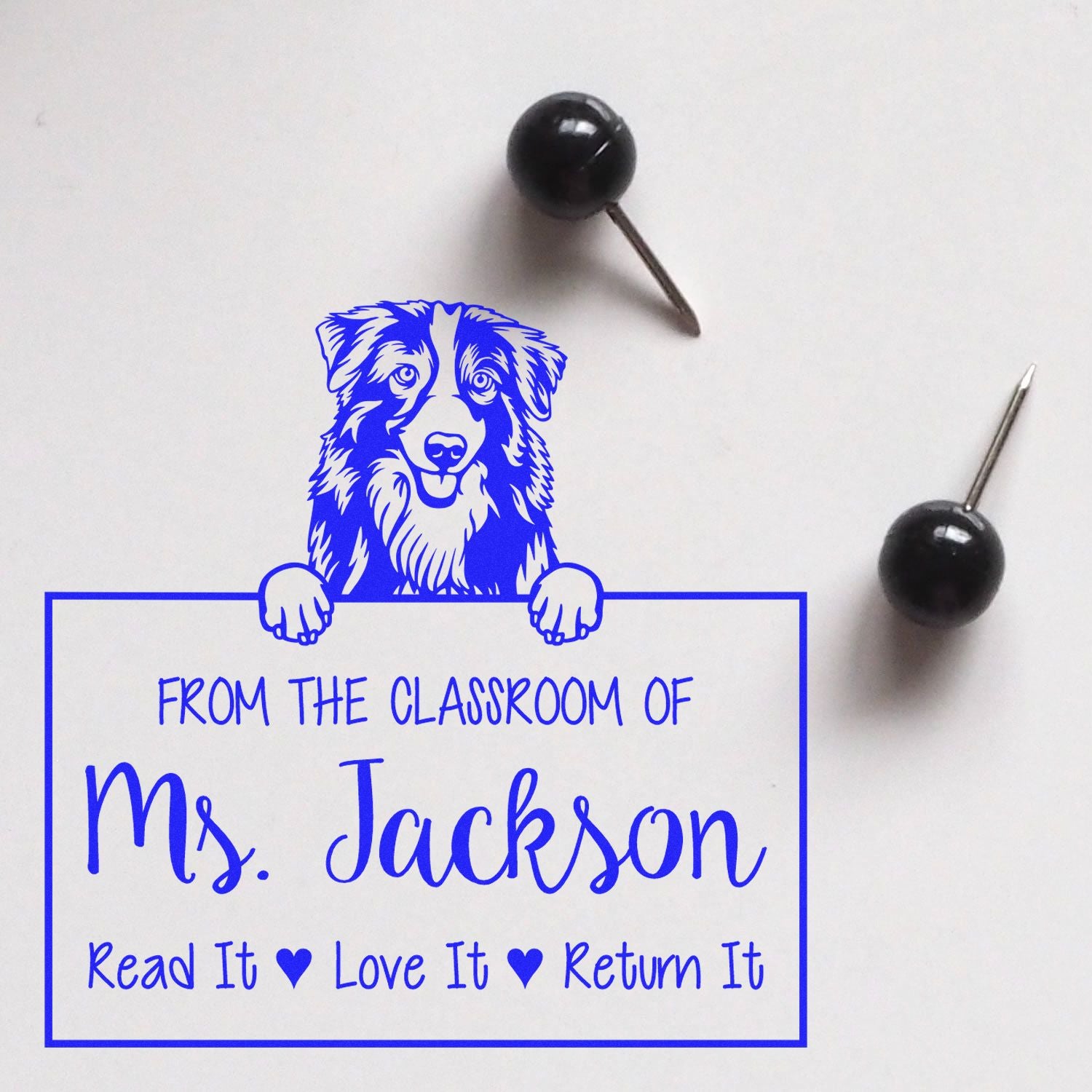 Personalizable Name For Teacher Stamp with Australian Shepherd Dog - Engineer Seal Stamps