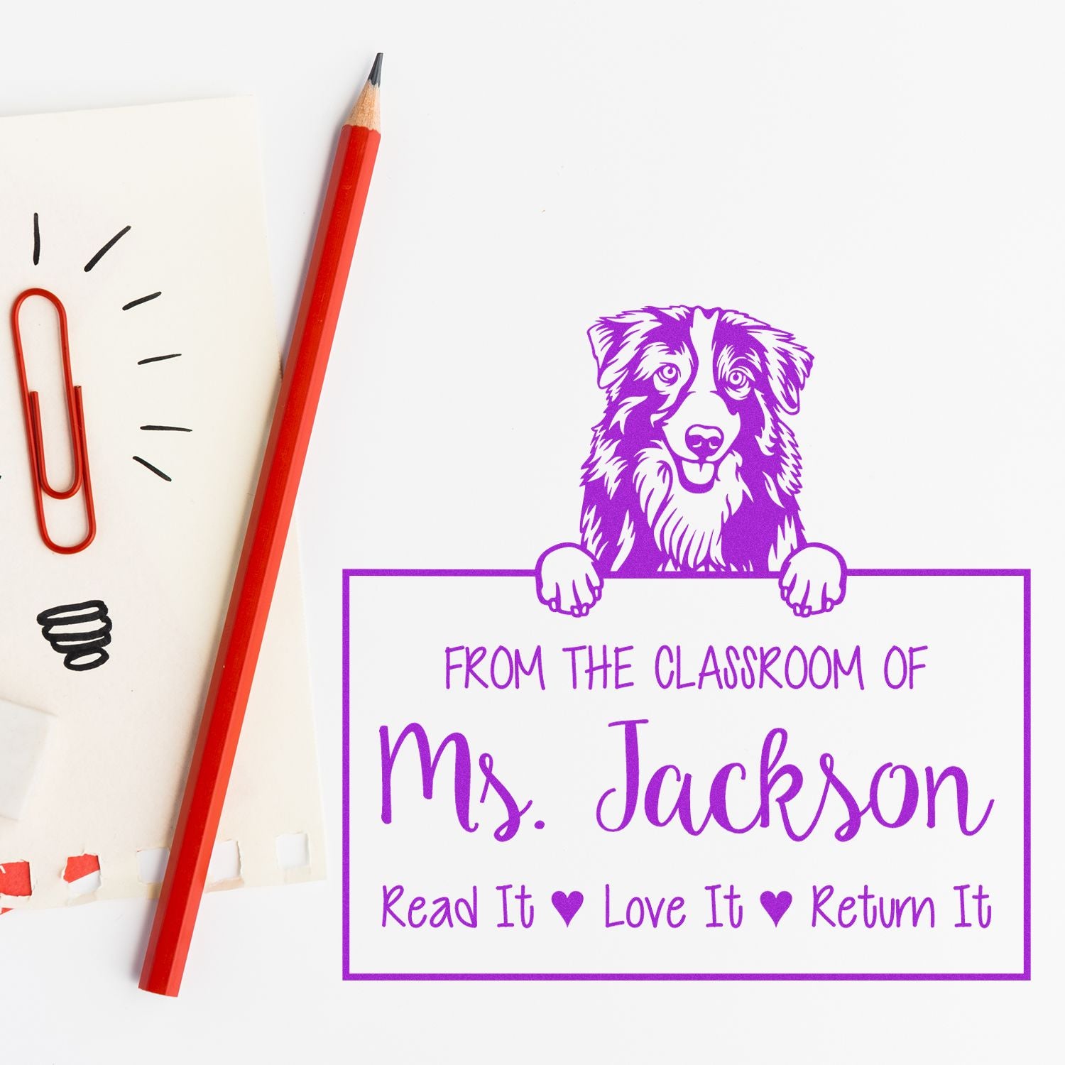 Personalizable Name For Teacher Stamp with Australian Shepherd Dog - Engineer Seal Stamps