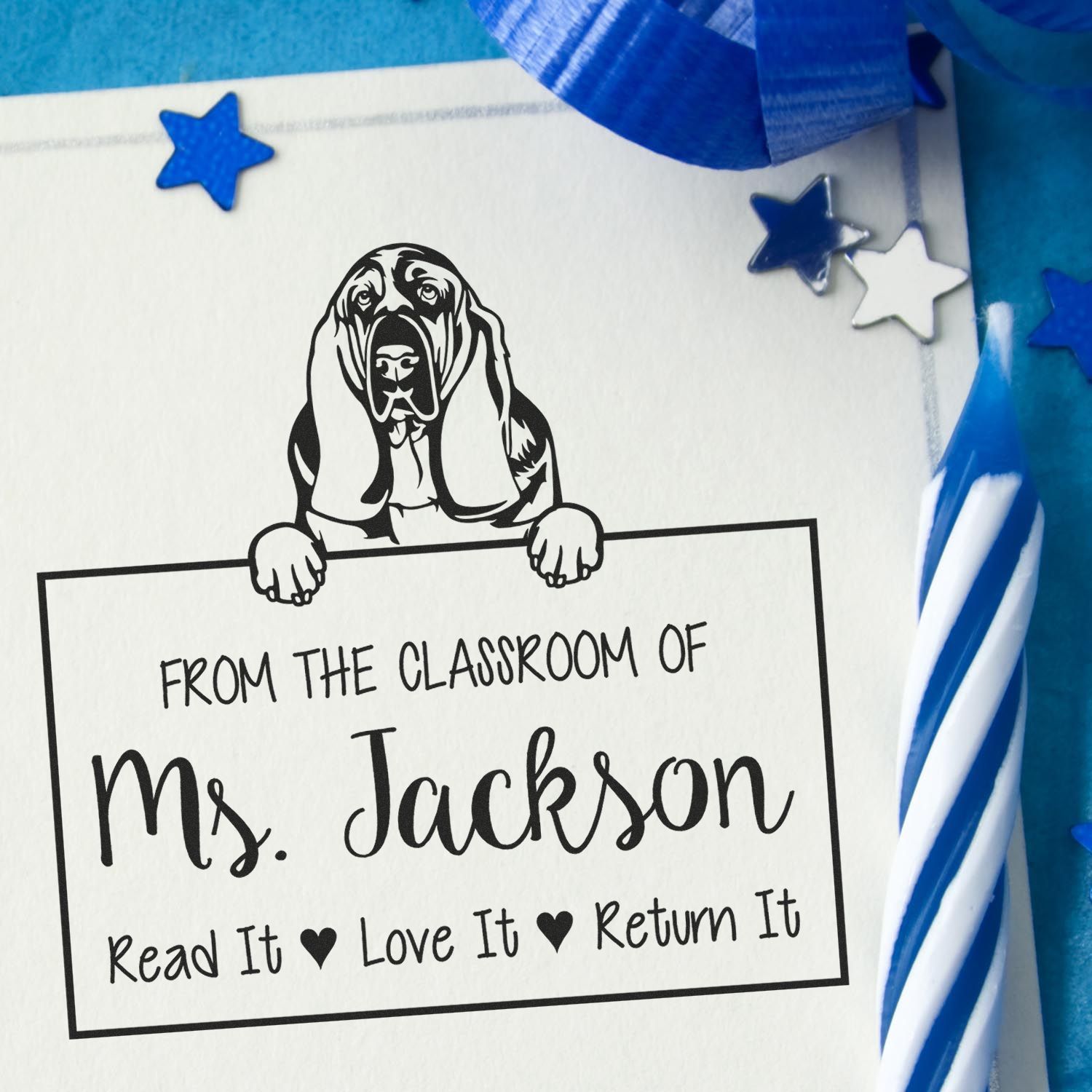 Basset Hound Dog Personalized Book Check-Out Stamp - Engineer Seal Stamps