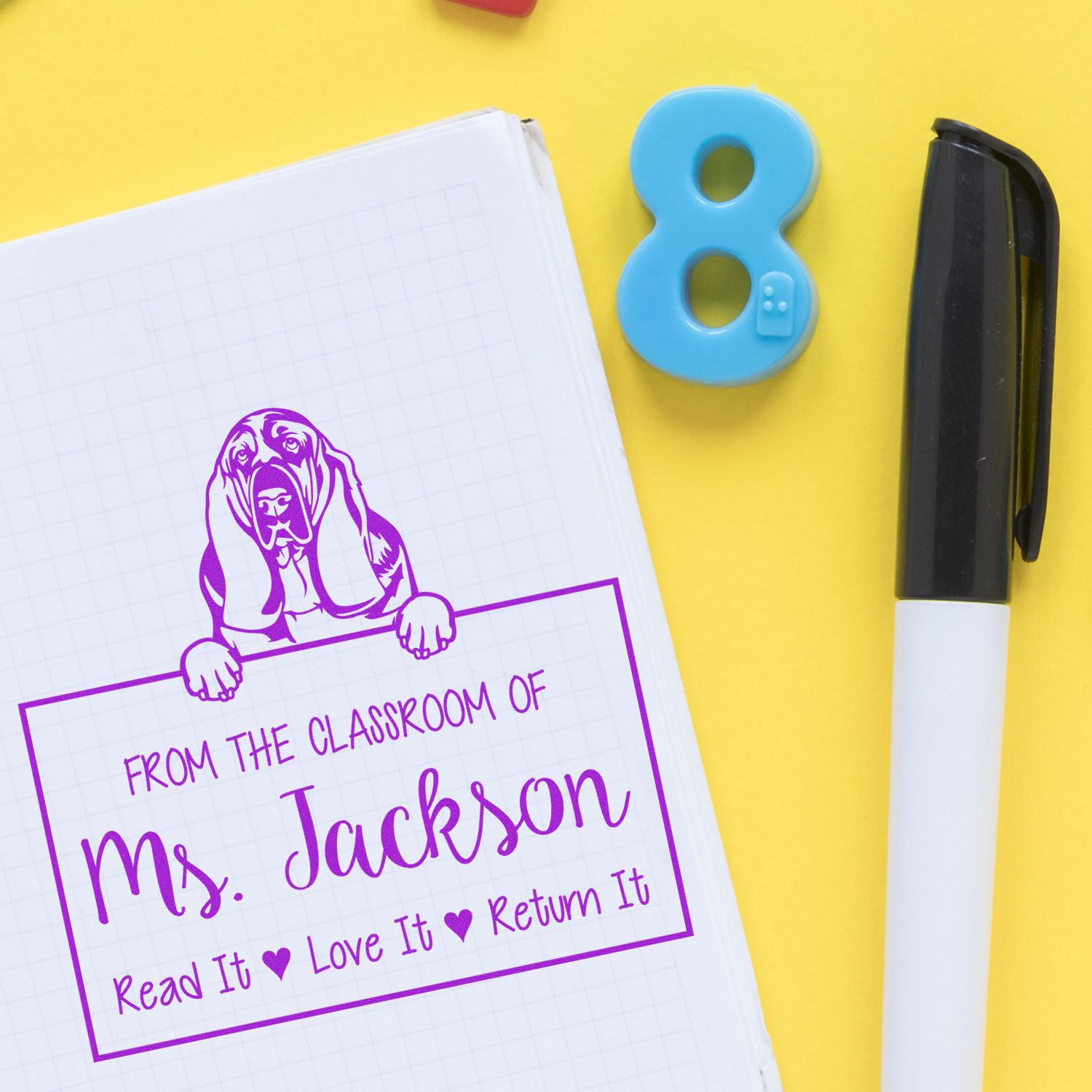 Personalizable Library Book Stamp with Basset Hound Dog - Engineer Seal Stamps