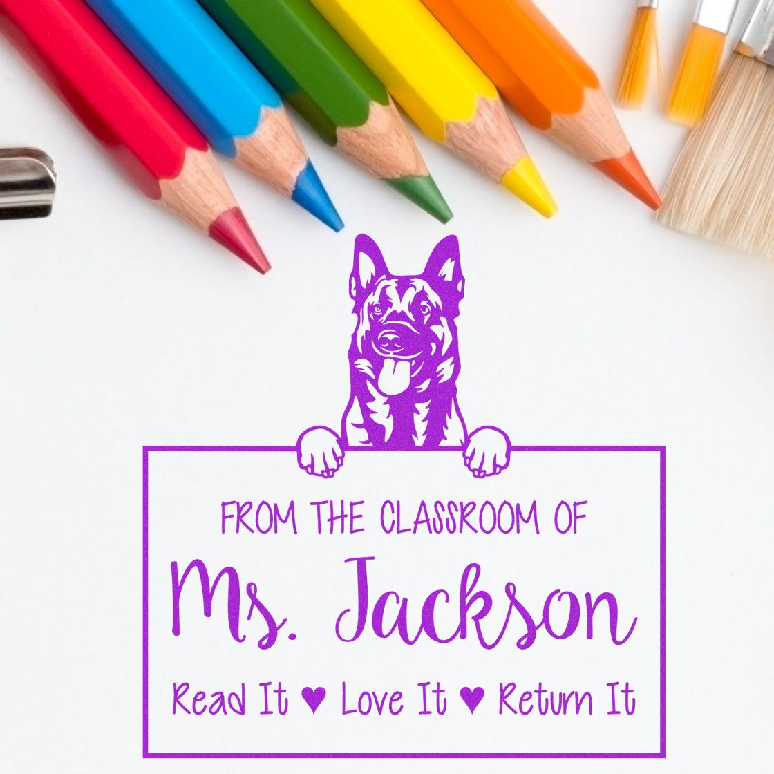 Belgian Malinois Dog Personalized Classroom Book Return Reminder Stamp - Engineer Seal Stamps