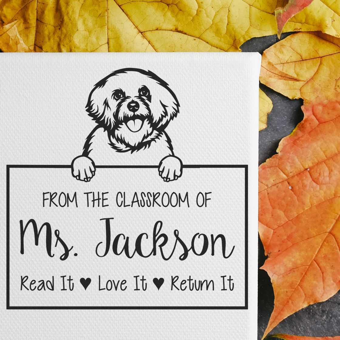 Personalizable Book Ownership Stamp with Bichon Frise Dog - Engineer Seal Stamps