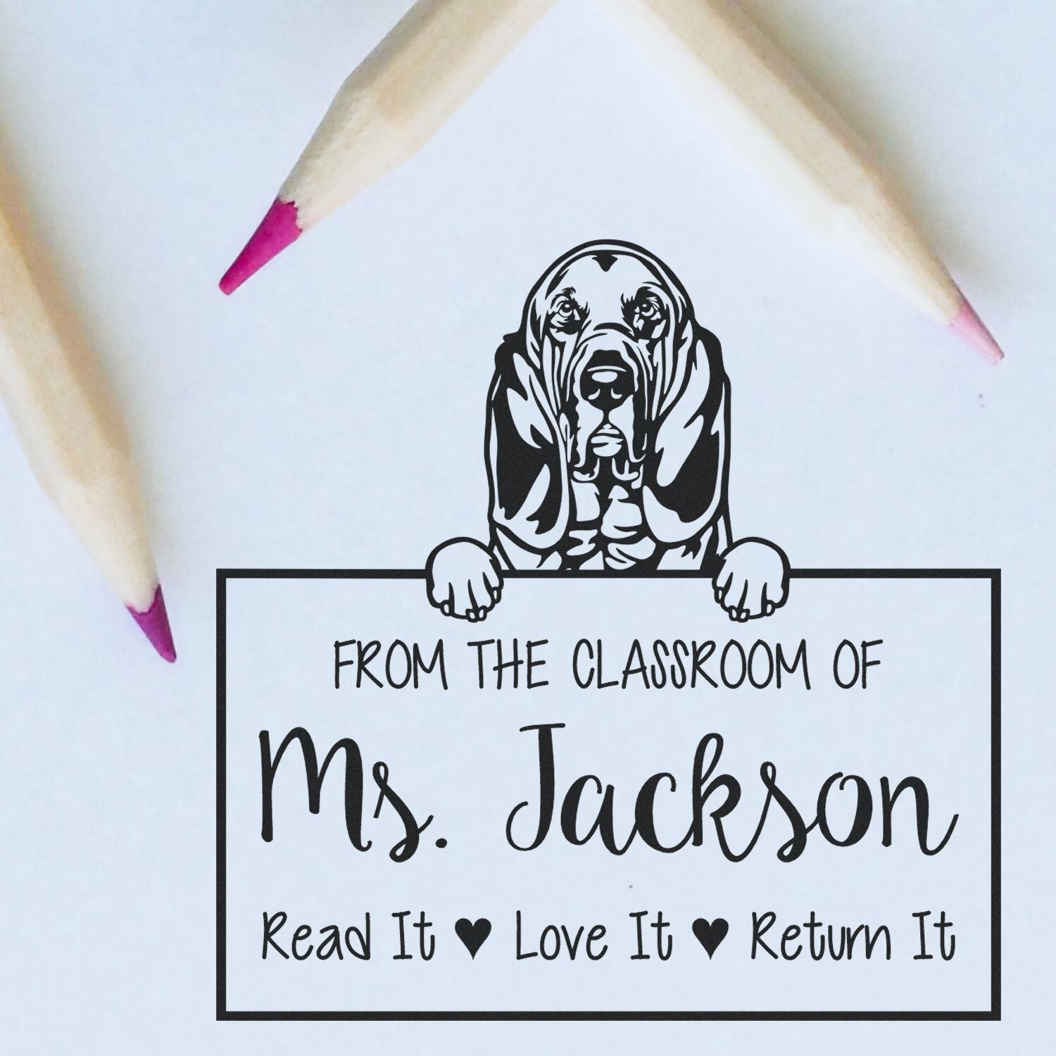 Personalizable Teacher Desk Stamp with Bloodhounds Dog - Engineer Seal Stamps