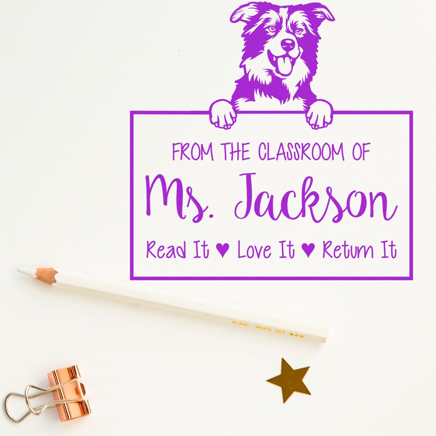 Personalizable Book Return Stamp with Border Collies Dog - Engineer Seal Stamps