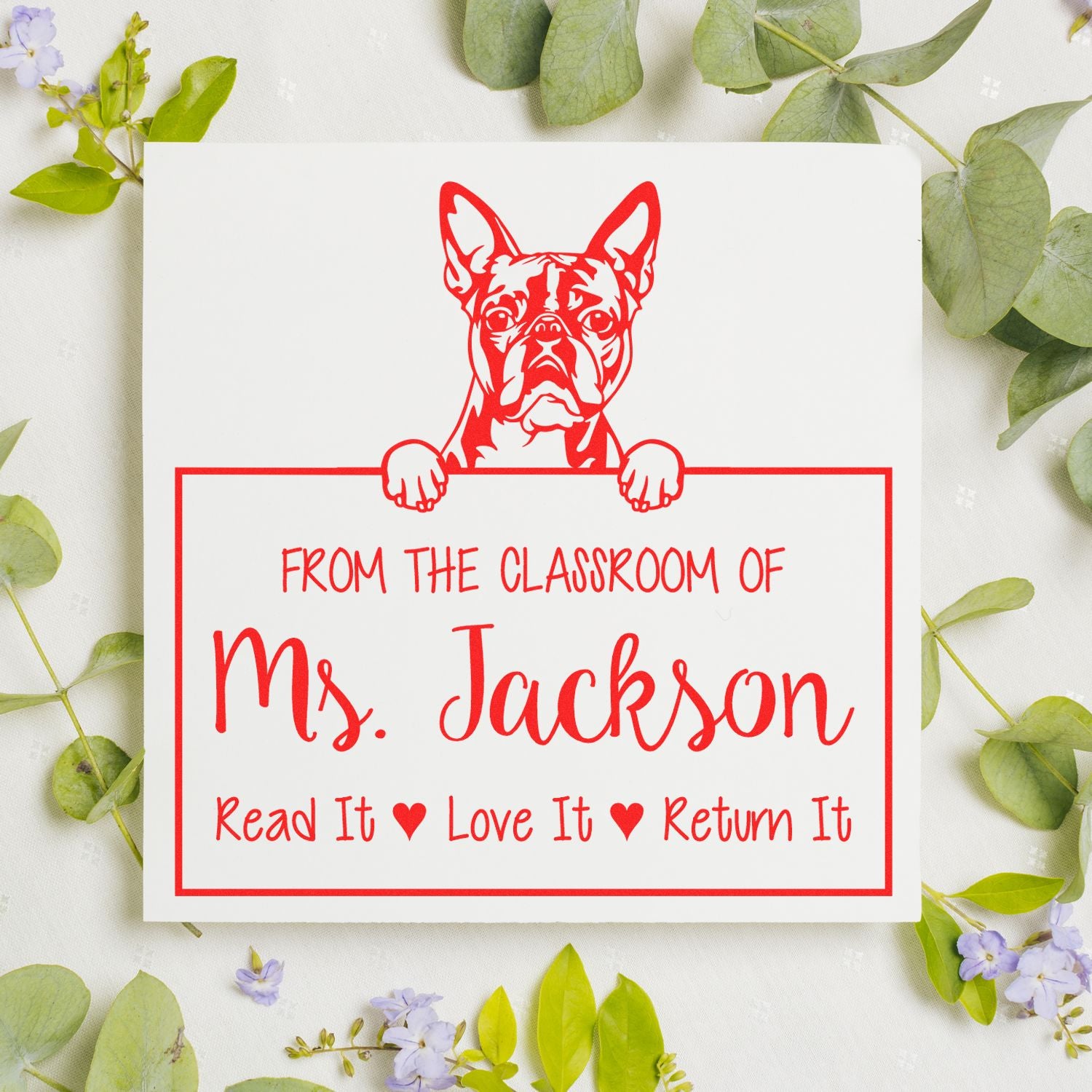 Personalizable Classroom Book Stamp with Boston Terrier Dog - Engineer Seal Stamps